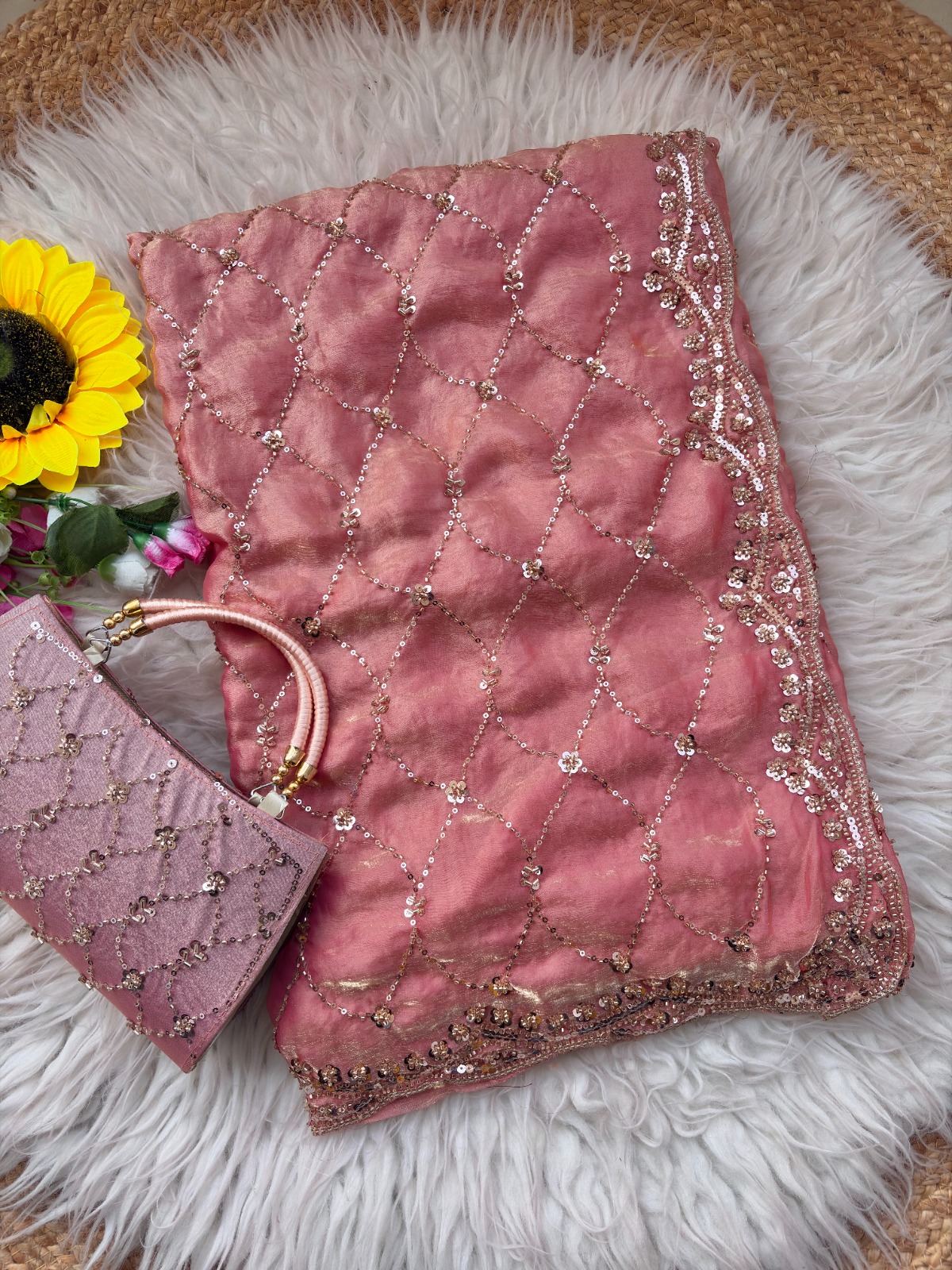 Ultra Luxury Peach Pure Space Silk Saree with Cutdana Beads Work, Sequins Embroidery Work and Matching Premium Purse (SC81116) - Image 2