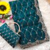 Ultra Luxury Teal Space Silk Saree with Cutdana Beads Work, Sequins Embroidery Work and Matching Premium Purse (SC81122)