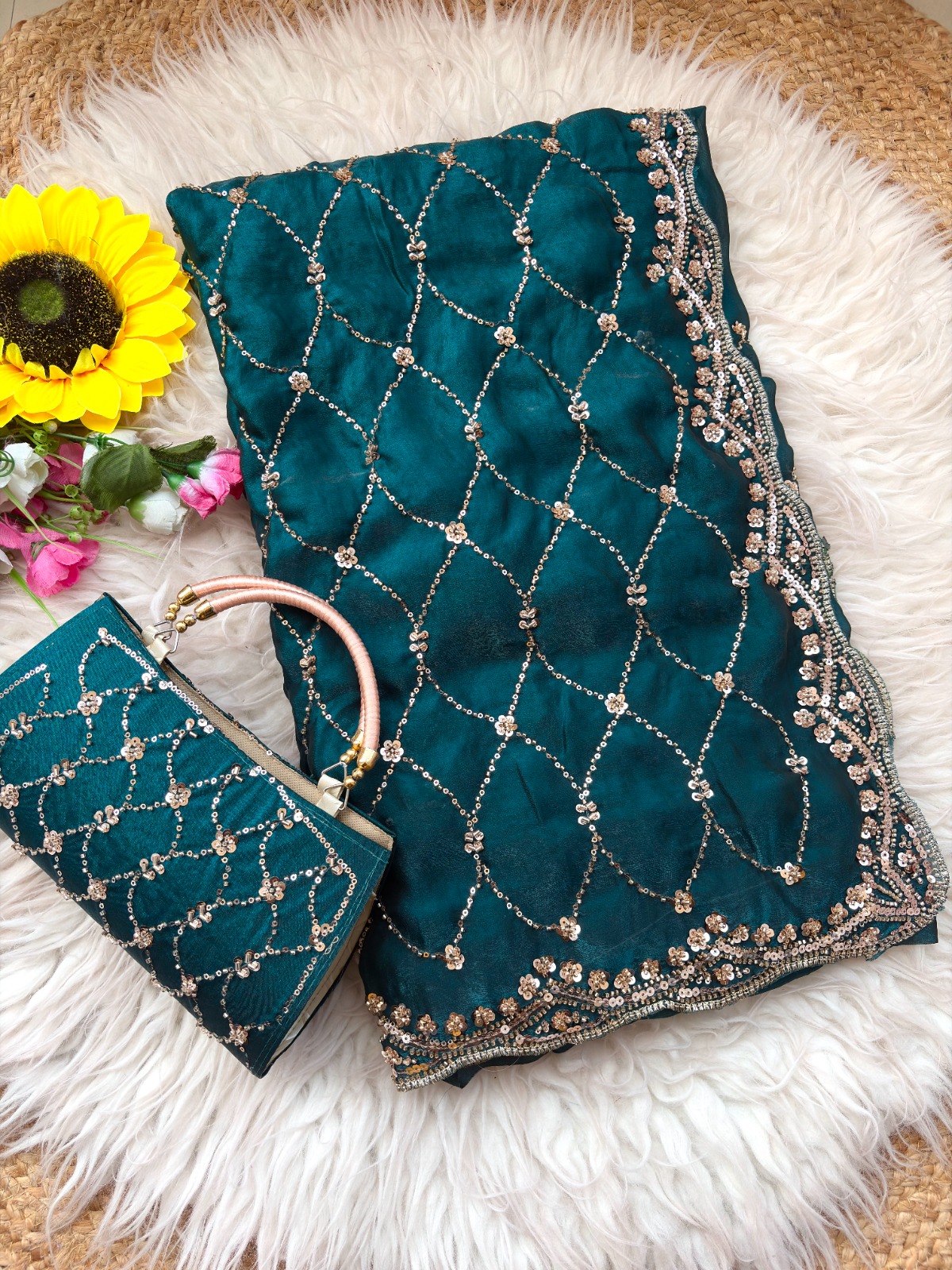 Ultra Luxury Teal Space Silk Saree with Cutdana Beads Work, Sequins Embroidery Work and Matching Premium Purse (SC81122) - Image 2
