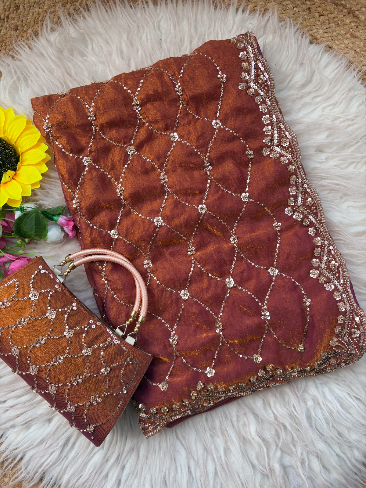Ultra Luxury Rust Orange Pure Space Silk Saree with Cutdana Beads Work, Sequins Embroidery Work and Matching Premium Purse (SC81111) - Image 2
