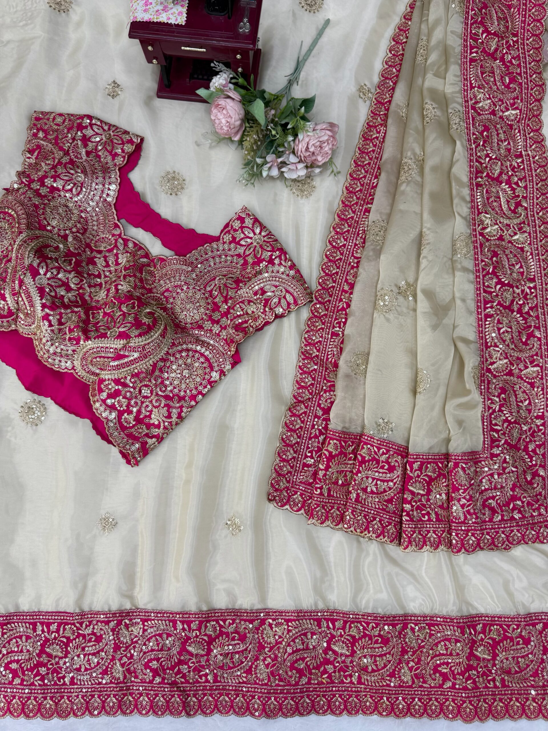 Celebrity Inspired Saree in Glass Organza Silk Fabric with Intricate Thread and Sequins Embroidery Work with Un-stitched Blouse (SC26777)