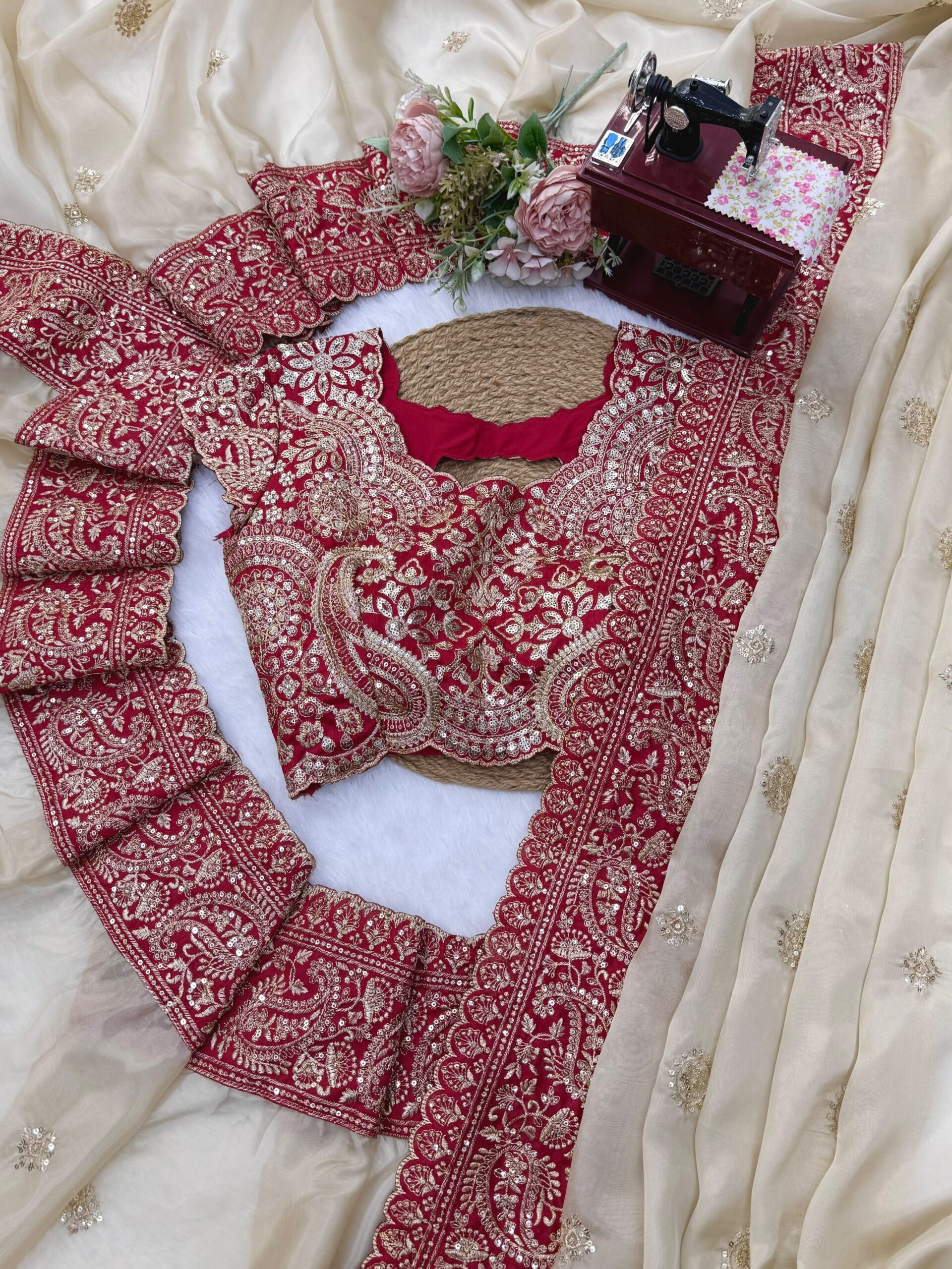 Celebrity Inspired Saree in Glass Organza Silk Fabric with Intricate Thread and Sequins Embroidery Work with Un-stitched Blouse (SC26777) - Image 4