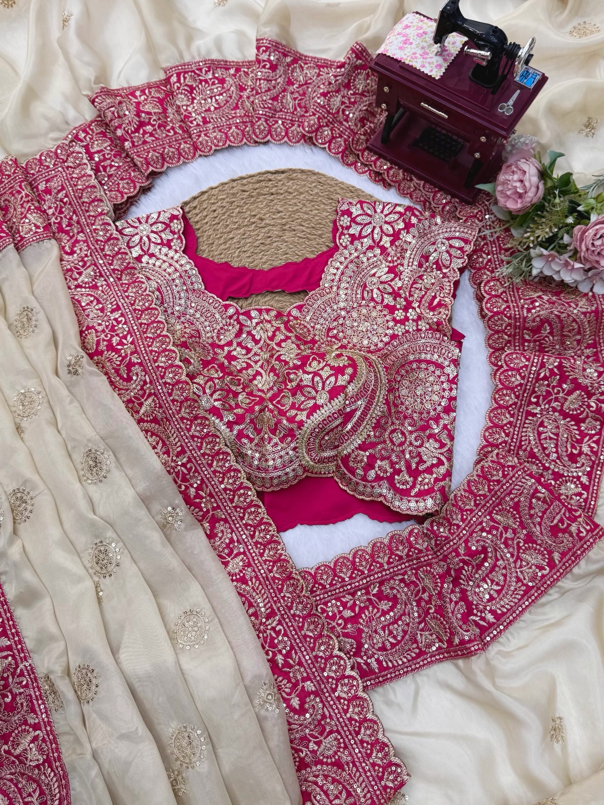 Celebrity Inspired Saree in Glass Organza Silk Fabric with Intricate Thread and Sequins Embroidery Work with Un-stitched Blouse (SC26777) - Image 3