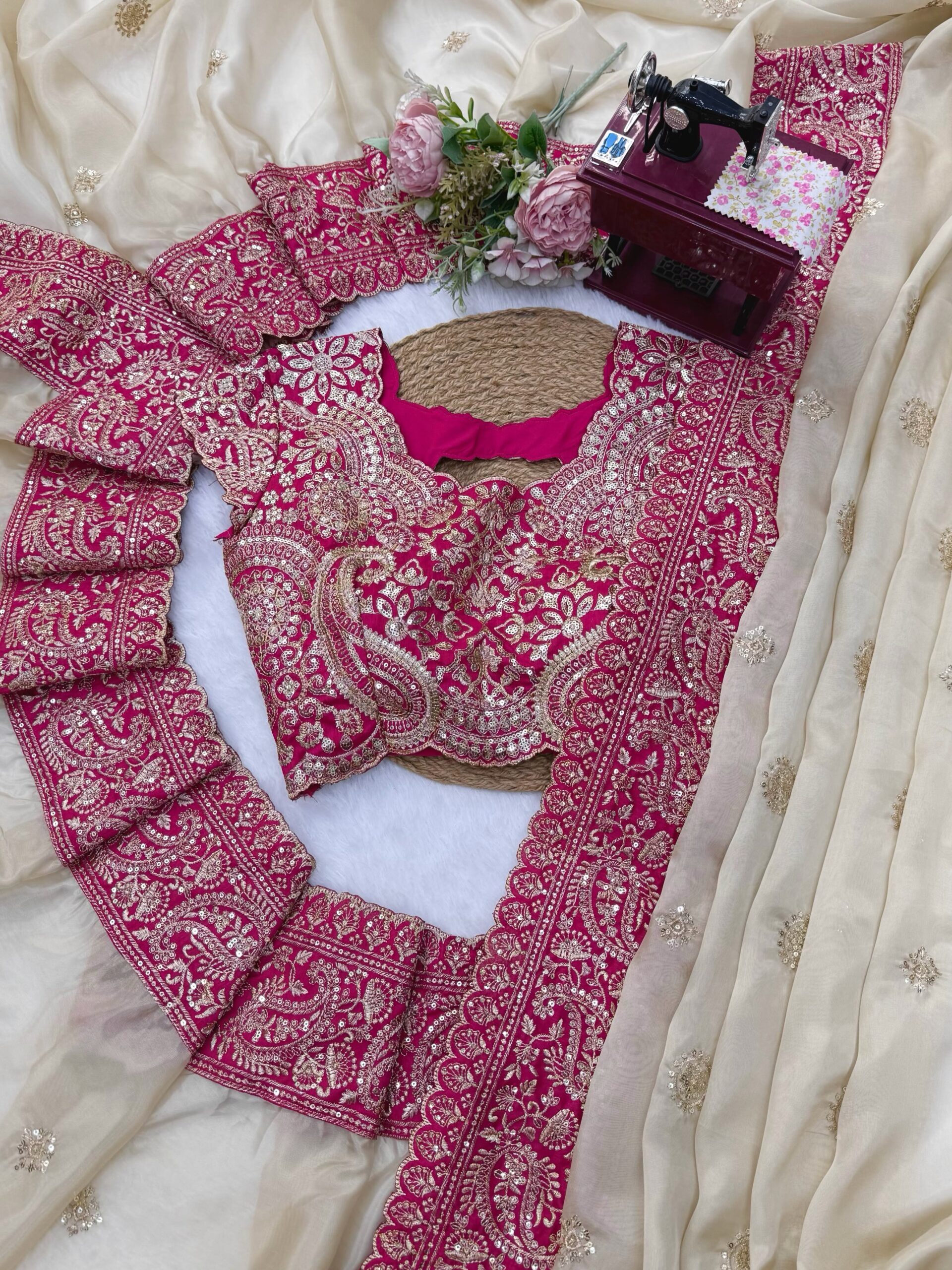 Celebrity Inspired Saree in Glass Organza Silk Fabric with Intricate Thread and Sequins Embroidery Work with Un-stitched Blouse (SC26777) - Image 5