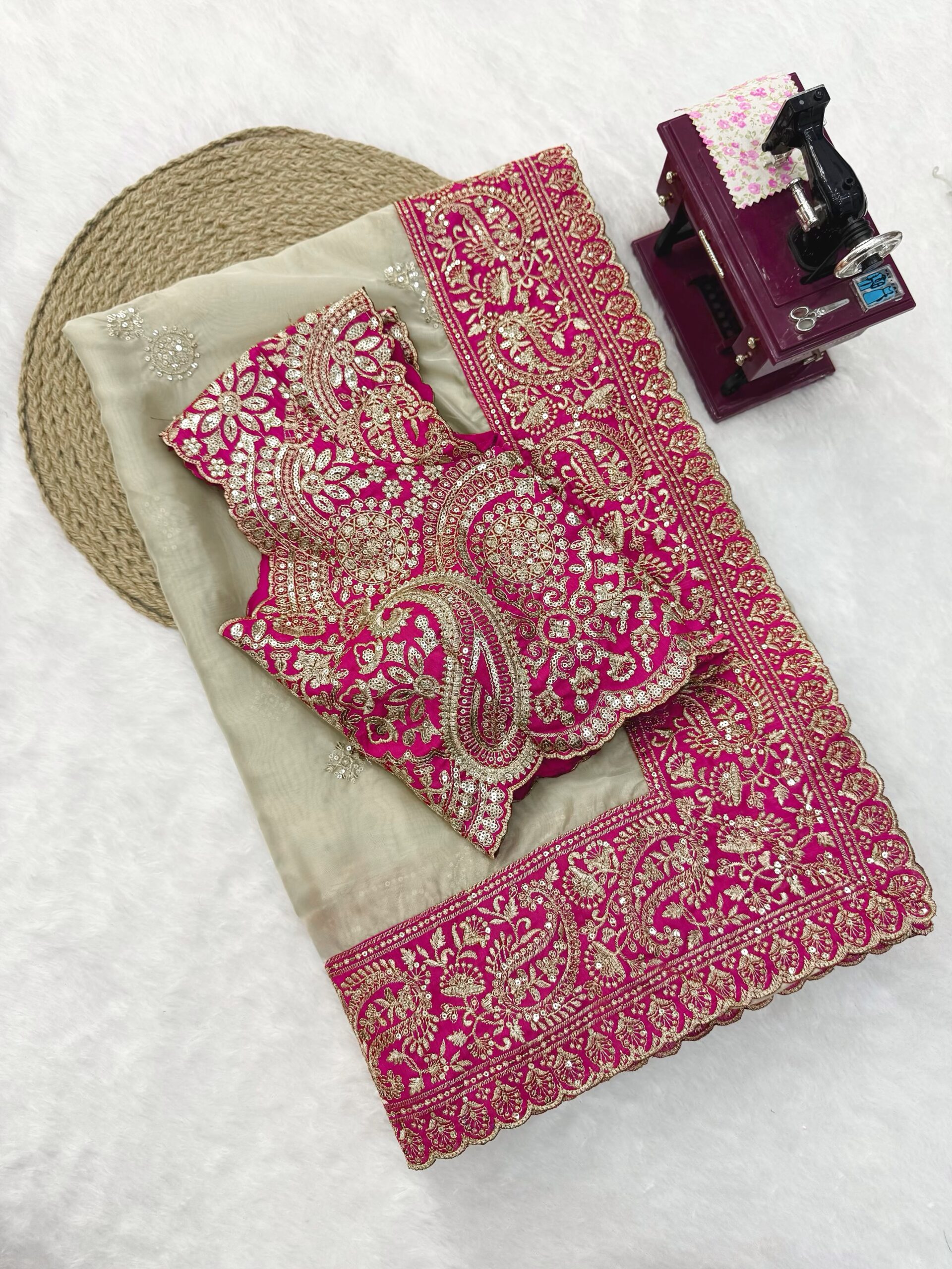 Celebrity Inspired Saree in Glass Organza Silk Fabric with Intricate Thread and Sequins Embroidery Work with Un-stitched Blouse (SC26777) - Image 2