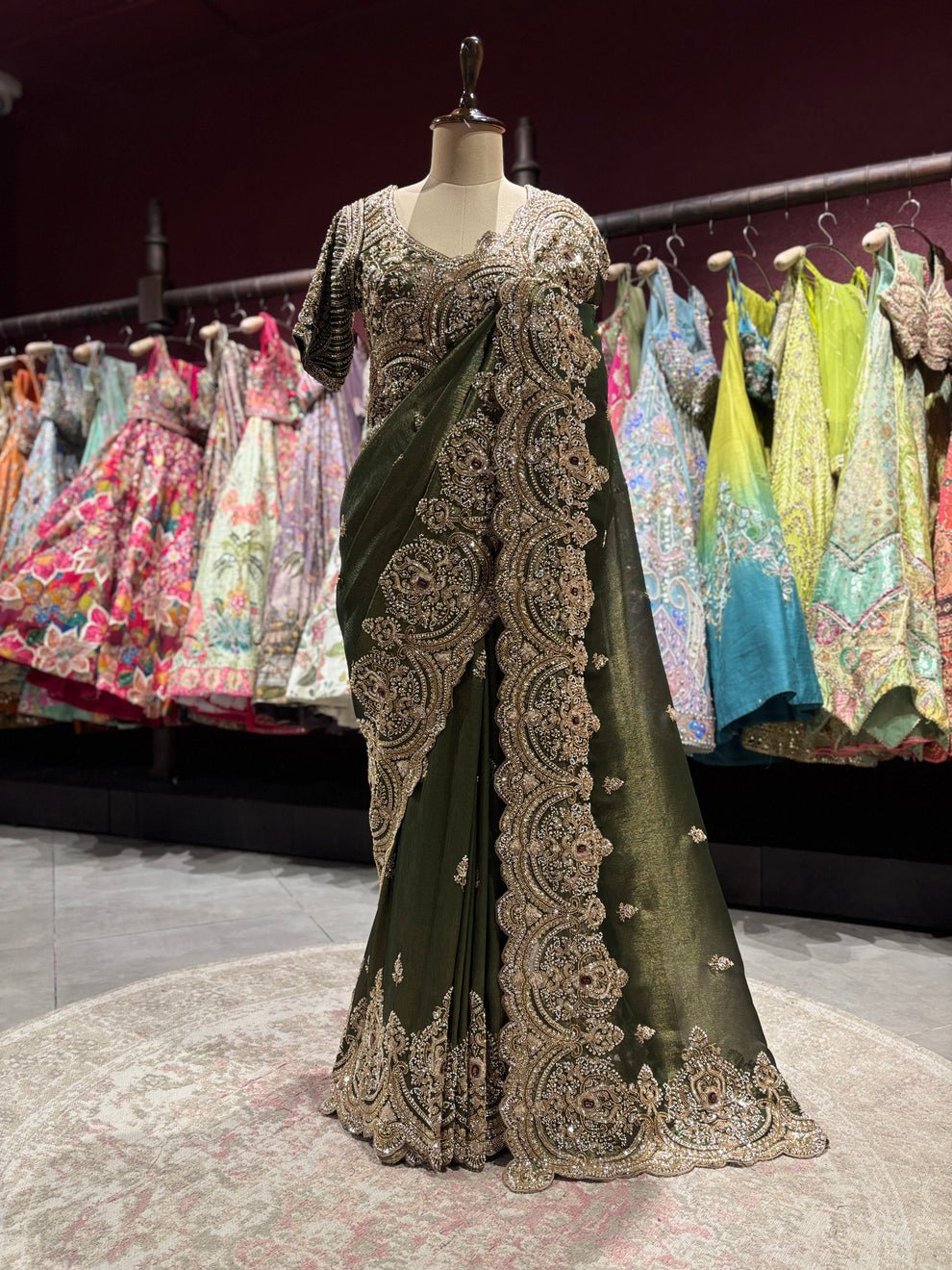 Ultra Luxury Green Silk Saree with Pearl, Zari, Sequins, Cutdana, Beads, Diamond Embroidery Work Saree with Readymade Blouse (SC42116) - Image 3