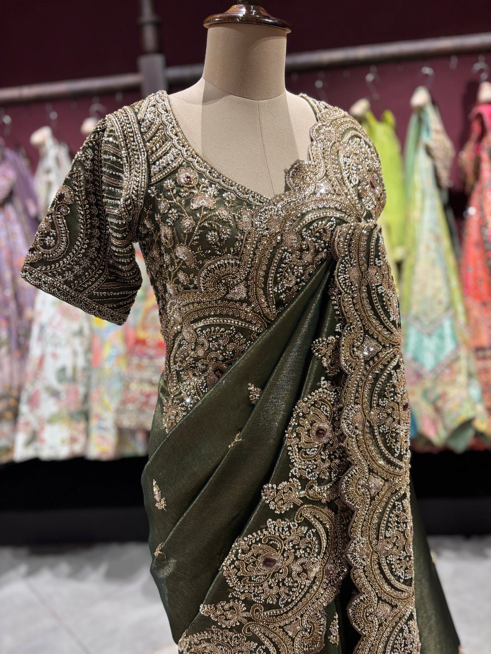 Ultra Luxury Green Silk Saree with Pearl, Zari, Sequins, Cutdana, Beads, Diamond Embroidery Work Saree with Readymade Blouse (SC42116)