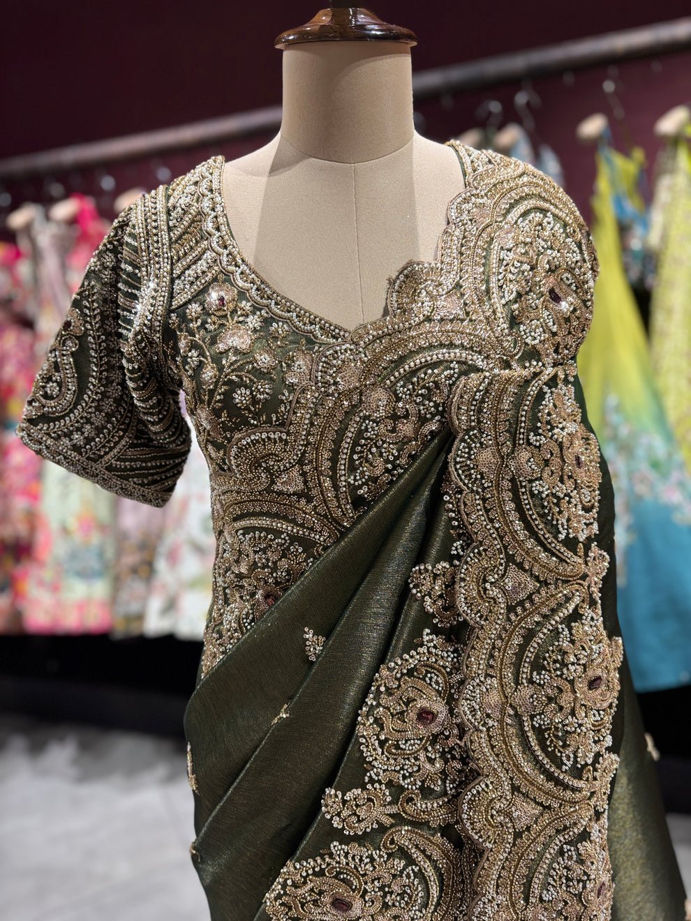 Ultra Luxury Green Silk Saree with Pearl, Zari, Sequins, Cutdana, Beads, Diamond Embroidery Work Saree with Readymade Blouse (SC42116) - Image 2