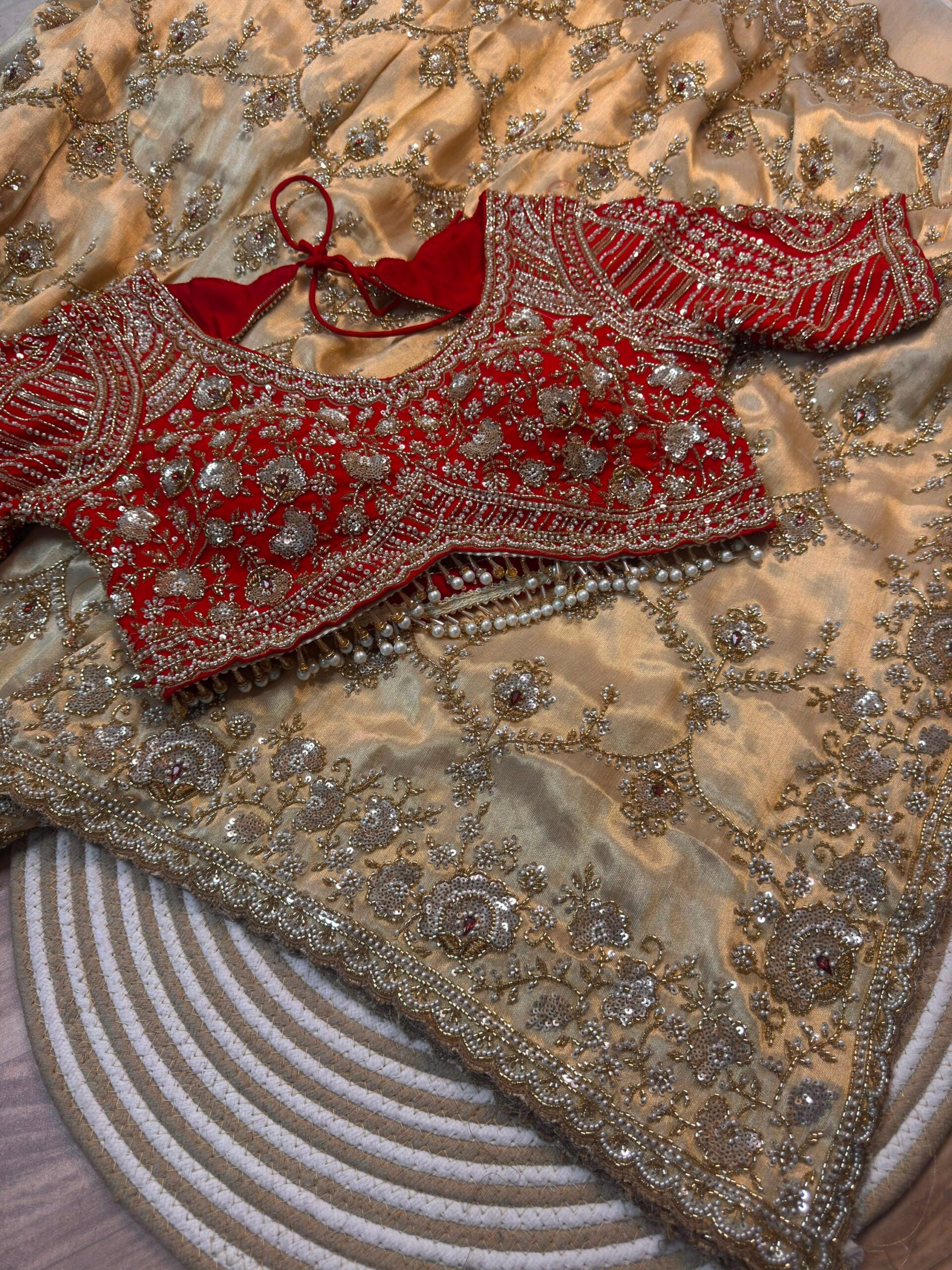 Ultra Luxury Golden Red Silk Saree with Pearl, Zari, Sequins, Cutdana, Beads, Embroidery Work Saree with Readymade Blouse (SC44114)