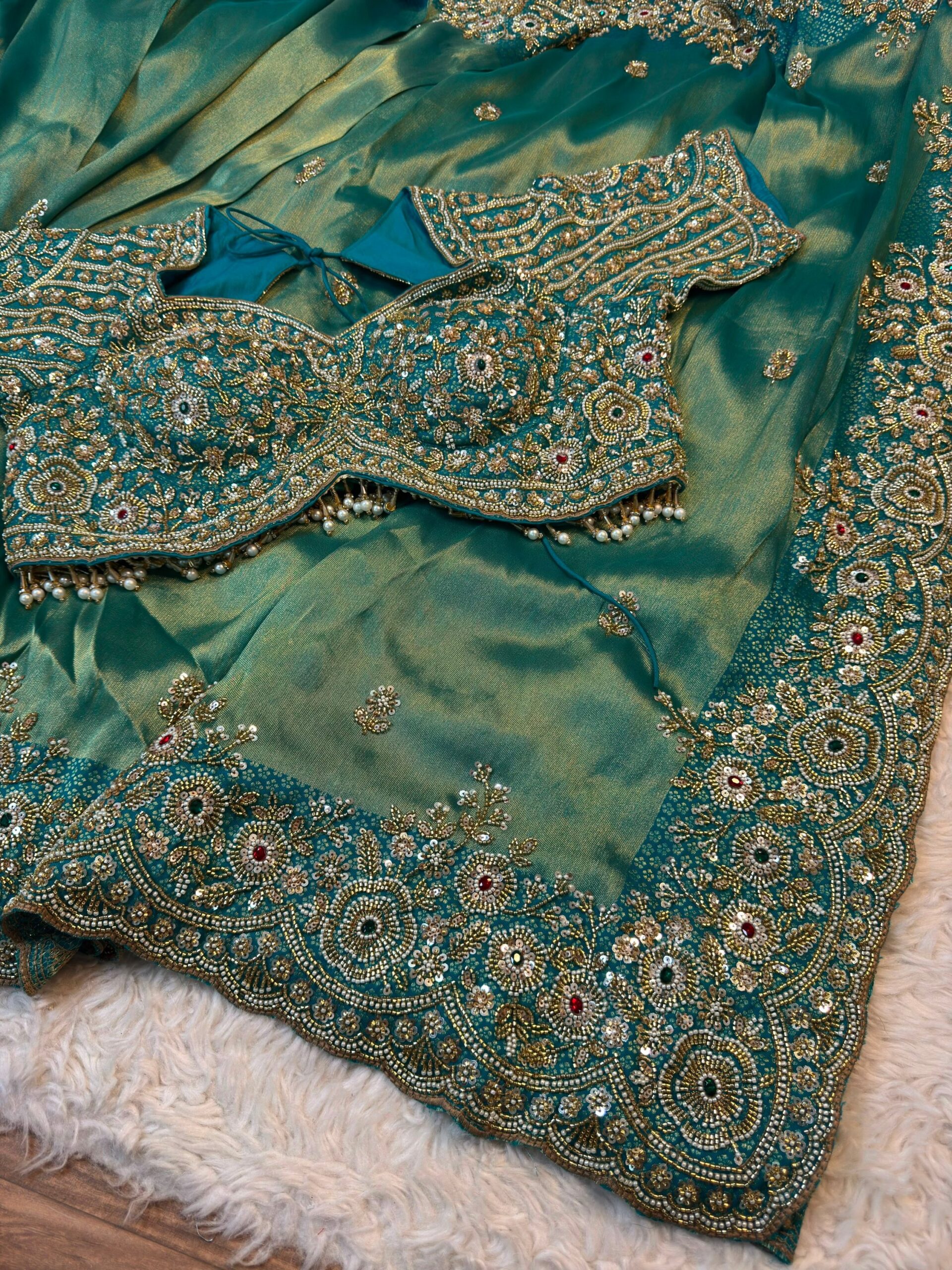 Luxury Designer Saree with Pearl, Sequins, Cutdana, Beads, Embroidery Work Saree with Readymade Blouse - Teal Blue (SC23118)