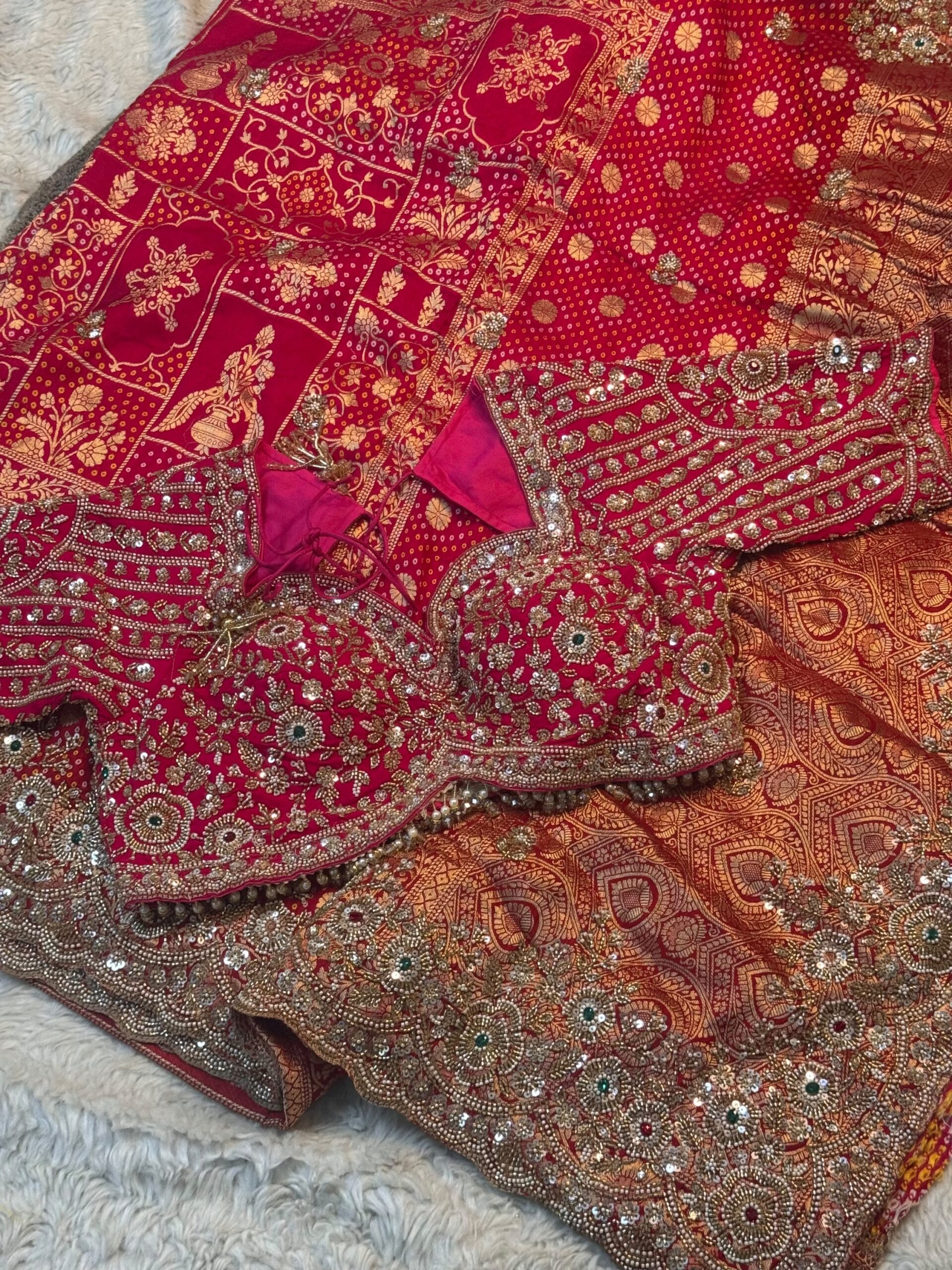 Luxury Designer Khaddi Silk Saree Bandhani Print with Pearl, Sequins, Cutdana, Beads Embroidery Work Saree with Readymade Blouse - Rani Pink (SC23120)