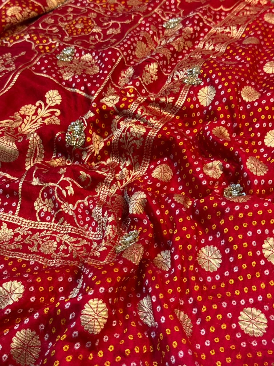 Luxury Designer Khaddi Silk Saree Bandhani Print with Pearl, Sequins, Cutdana, Beads Embroidery Work Saree with Readymade Blouse - Red (SC23121) - Image 7
