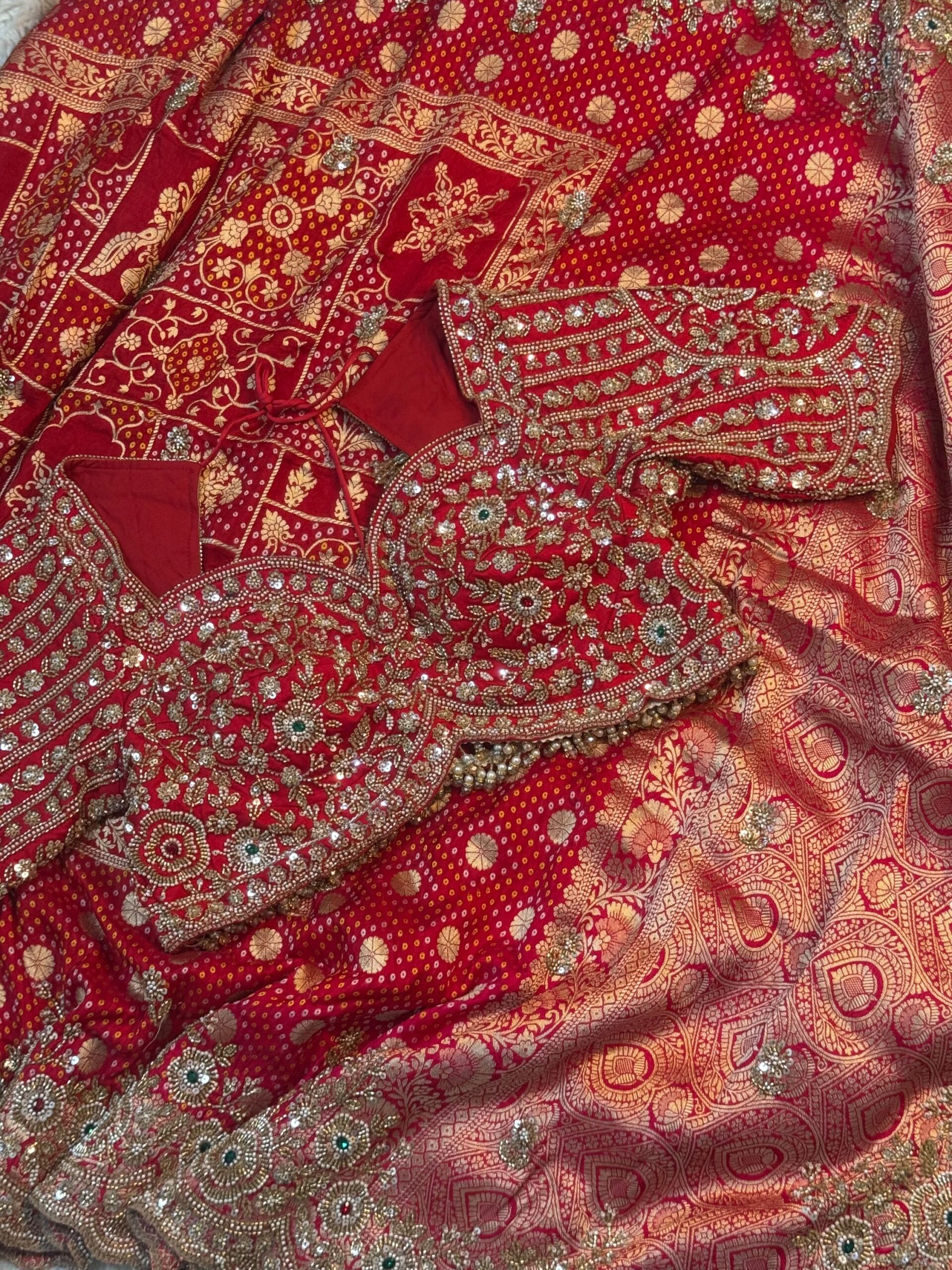 Luxury Designer Khaddi Silk Saree Bandhani Print with Pearl, Sequins, Cutdana, Beads Embroidery Work Saree with Readymade Blouse - Red (SC23121)