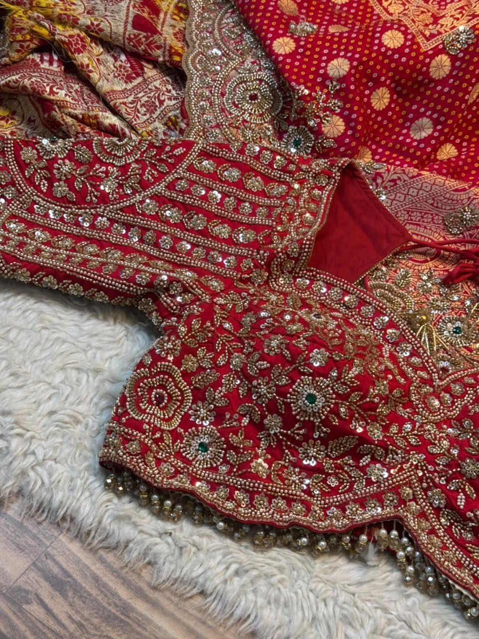 Luxury Designer Khaddi Silk Saree Bandhani Print with Pearl, Sequins, Cutdana, Beads Embroidery Work Saree with Readymade Blouse - Red (SC23121) - Image 3