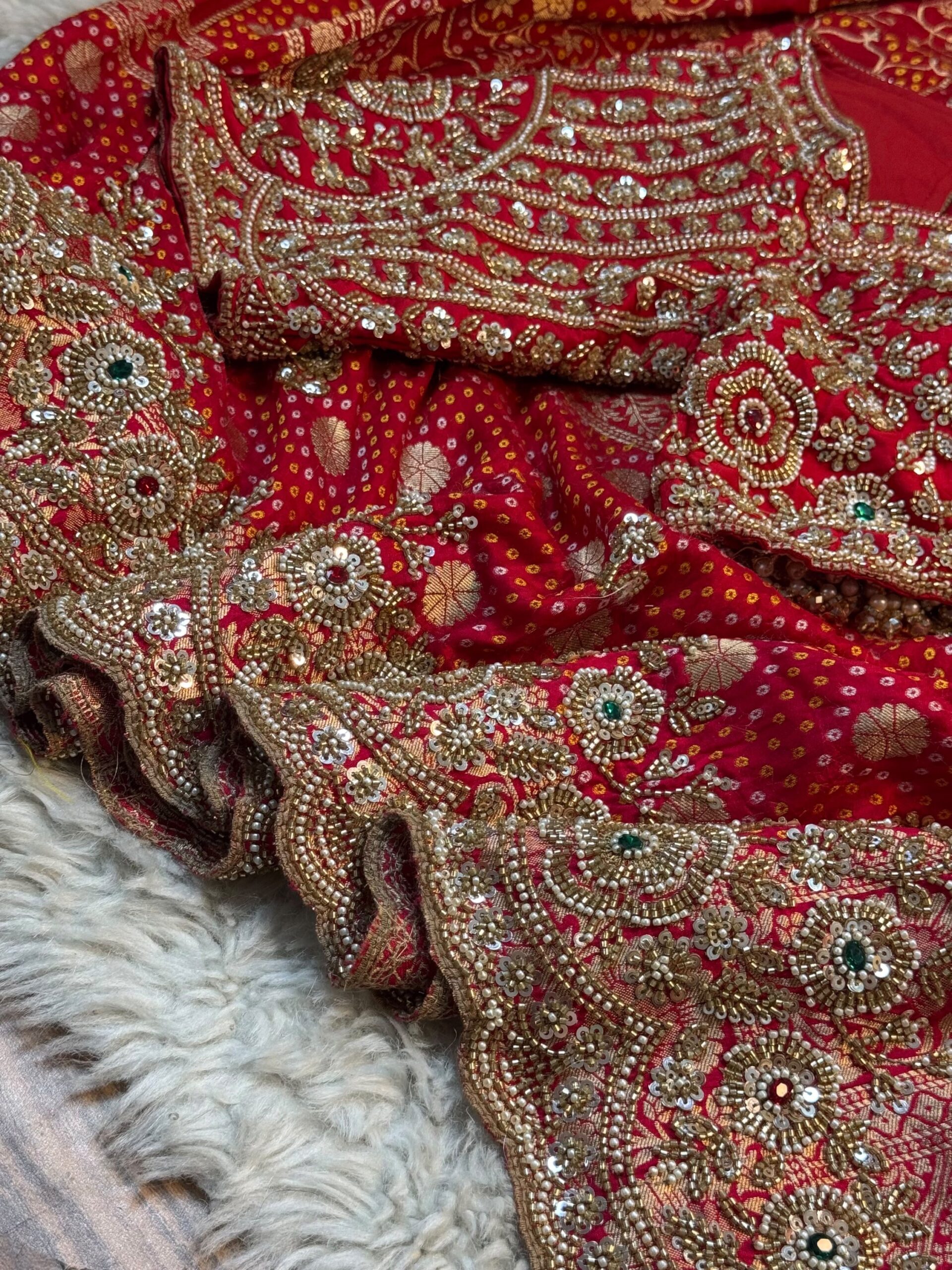 Luxury Designer Khaddi Silk Saree Bandhani Print with Pearl, Sequins, Cutdana, Beads Embroidery Work Saree with Readymade Blouse - Red (SC23121) - Image 6