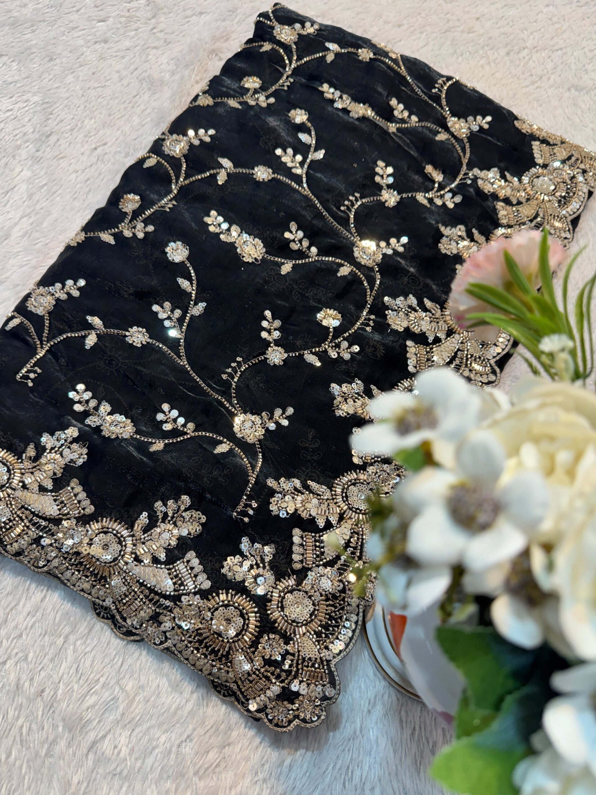 Ultra Luxury Black Pure Space Silk Saree with Heavy Gold Cutdana Beads Work, Sequins Embroidery Work (SC52113)
