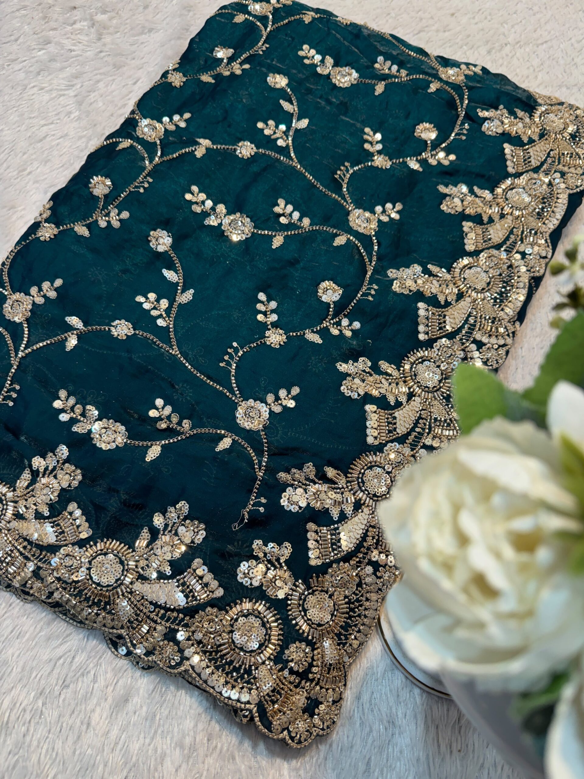 Ultra Luxury Peacock Green Pure Space Silk Saree with Heavy Gold Cutdana Beads Work, Sequins Embroidery Work (SC52114)