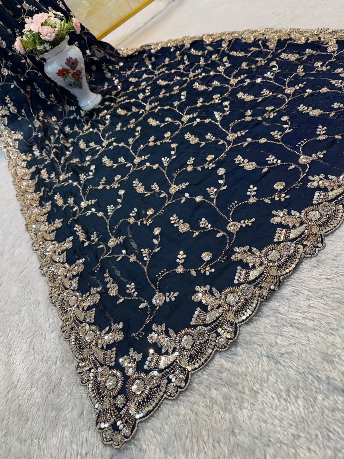 Ultra Luxury Navy Blue Pure Space Silk Saree with Heavy Gold Cutdana Beads Work, Sequins Embroidery Work (SC52111) - Image 2