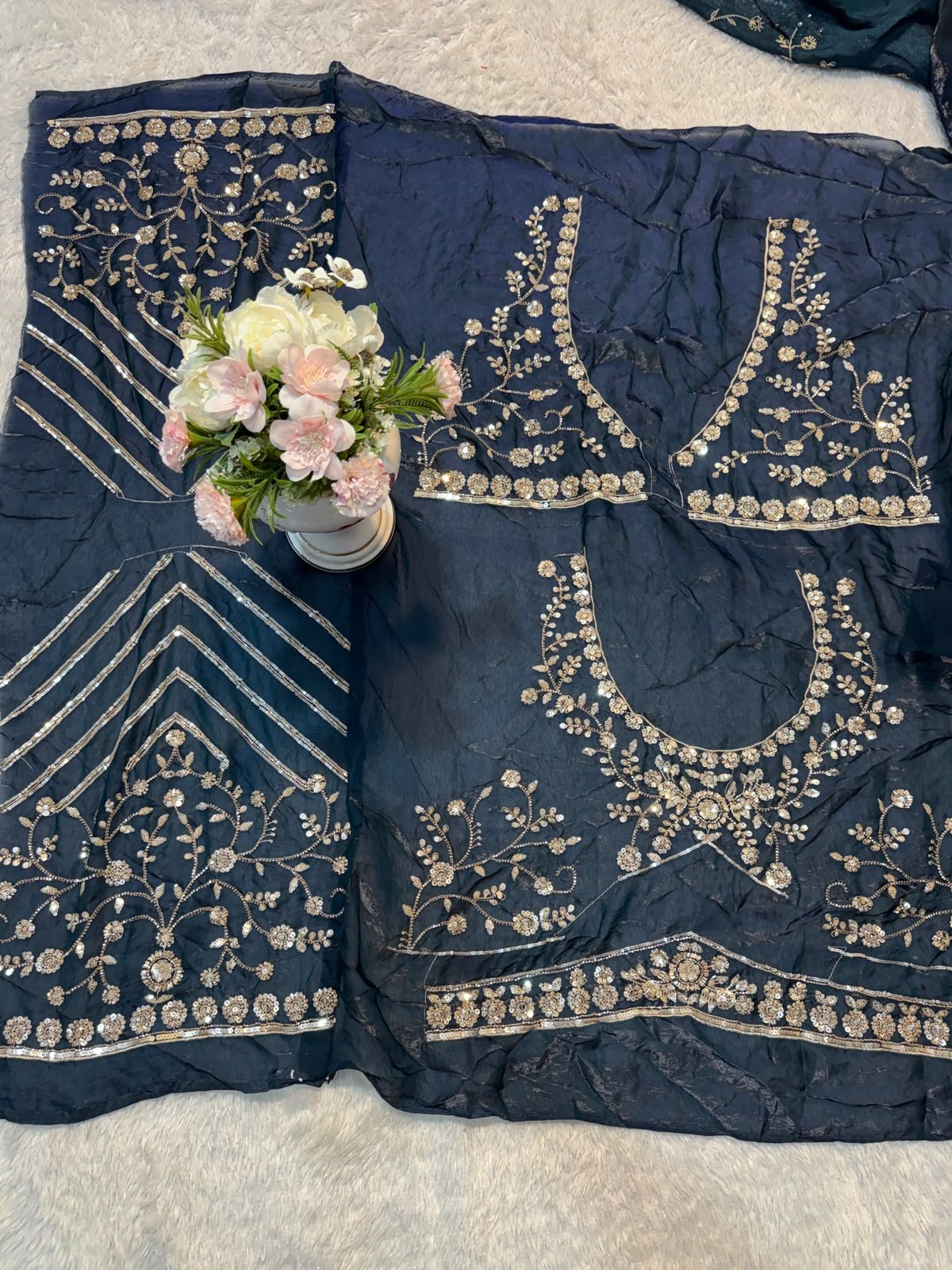 Ultra Luxury Blue Pure Space Silk Saree with Heavy Gold Cutdana Beads Work, Sequins Embroidery Work (SC52112) - Image 2