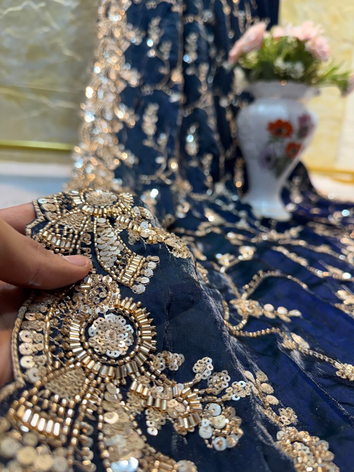 Ultra Luxury Navy Blue Pure Space Silk Saree with Heavy Gold Cutdana Beads Work, Sequins Embroidery Work (SC52111) - Image 6