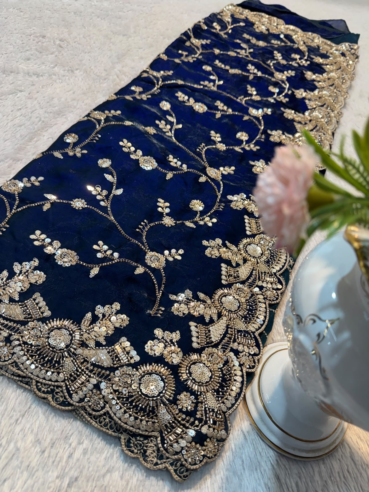 Ultra Luxury Navy Blue Pure Space Silk Saree with Heavy Gold Cutdana Beads Work, Sequins Embroidery Work (SC52111) - Image 4