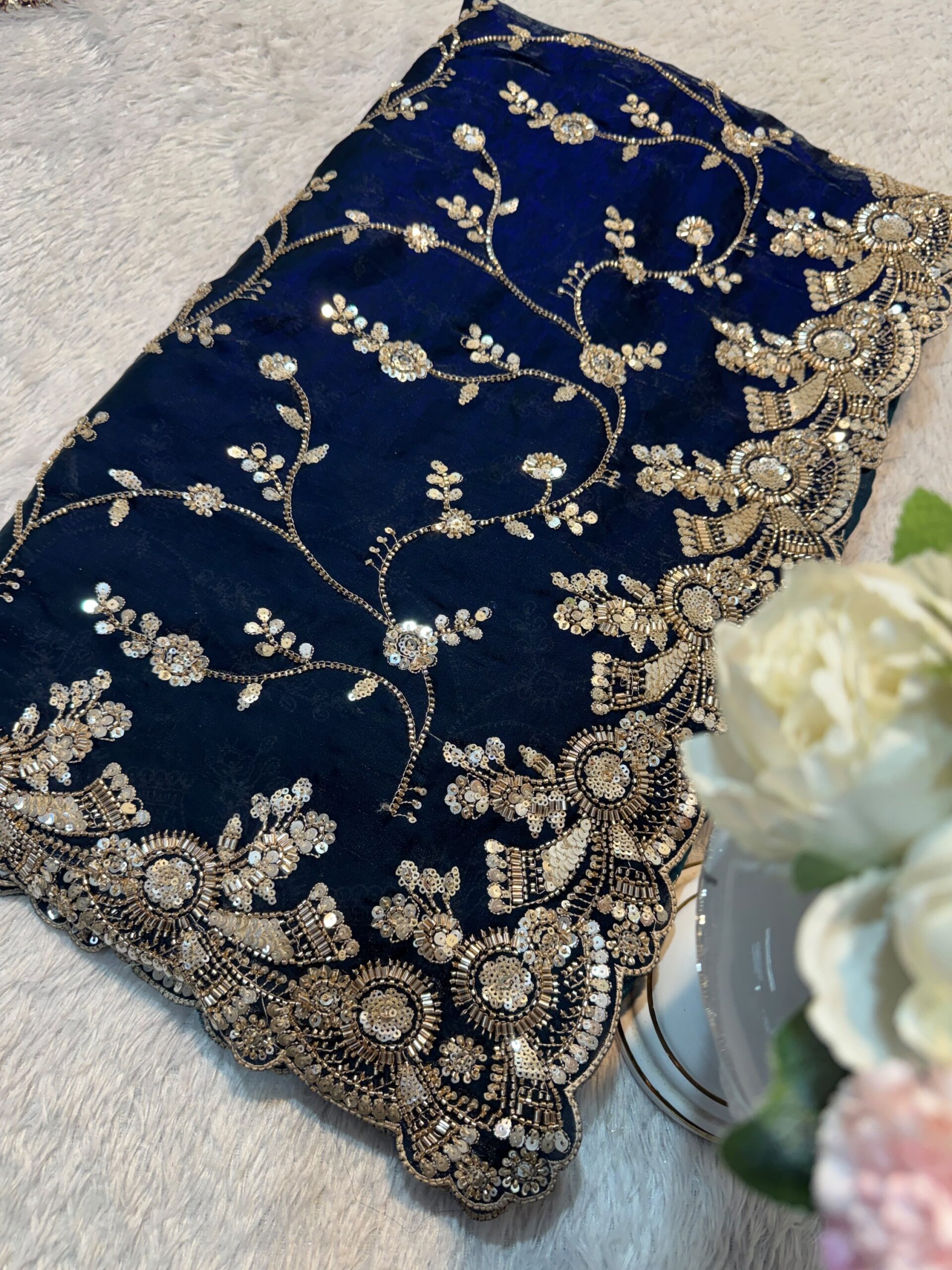 Ultra Luxury Navy Blue Pure Space Silk Saree with Heavy Gold Cutdana Beads Work, Sequins Embroidery Work (SC52111)