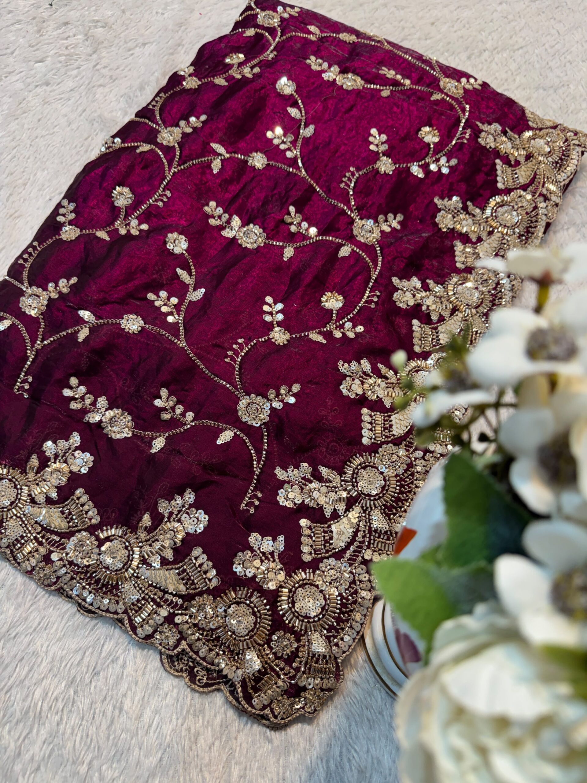 Ultra Luxury Navy Maroon Space Silk Saree with Heavy Gold Cutdana Beads Work, Sequins Embroidery Work (SC52117)