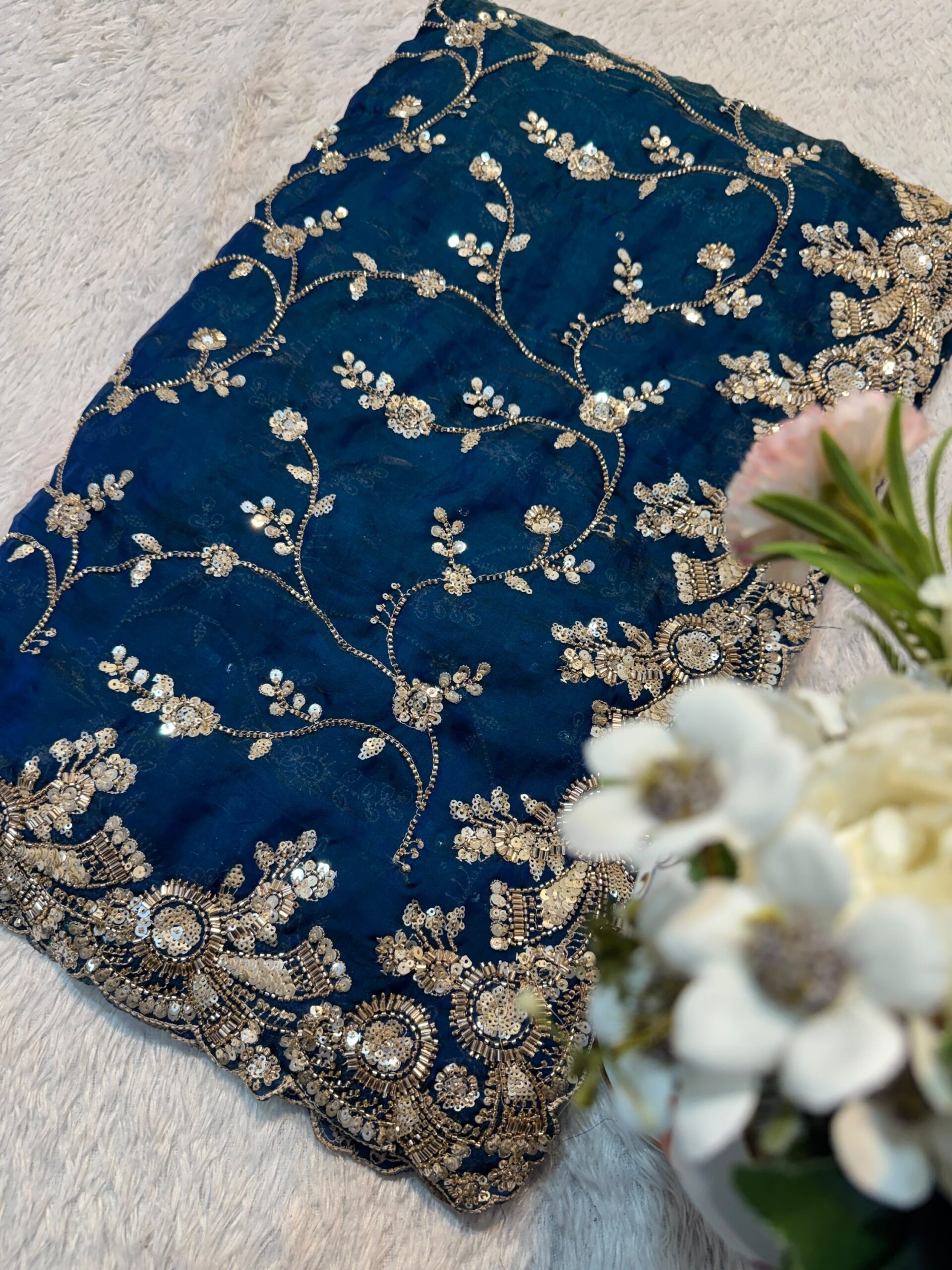 Ultra Luxury Blue Pure Space Silk Saree with Heavy Gold Cutdana Beads Work, Sequins Embroidery Work (SC52112)