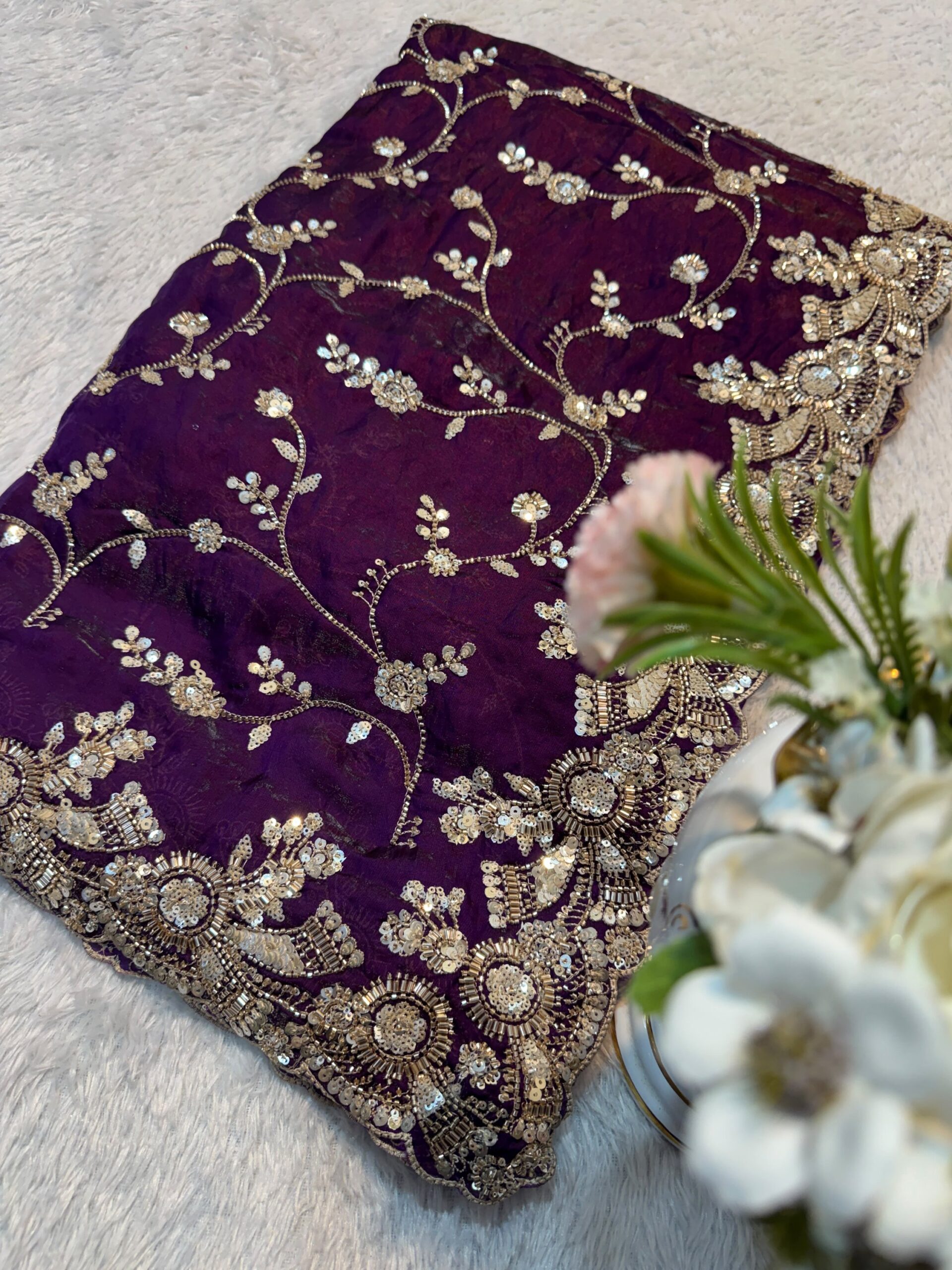 Ultra Luxury Magenta Wine Pure Space Silk Saree with Heavy Gold Cutdana Beads Work, Sequins Embroidery Work (SC52115)