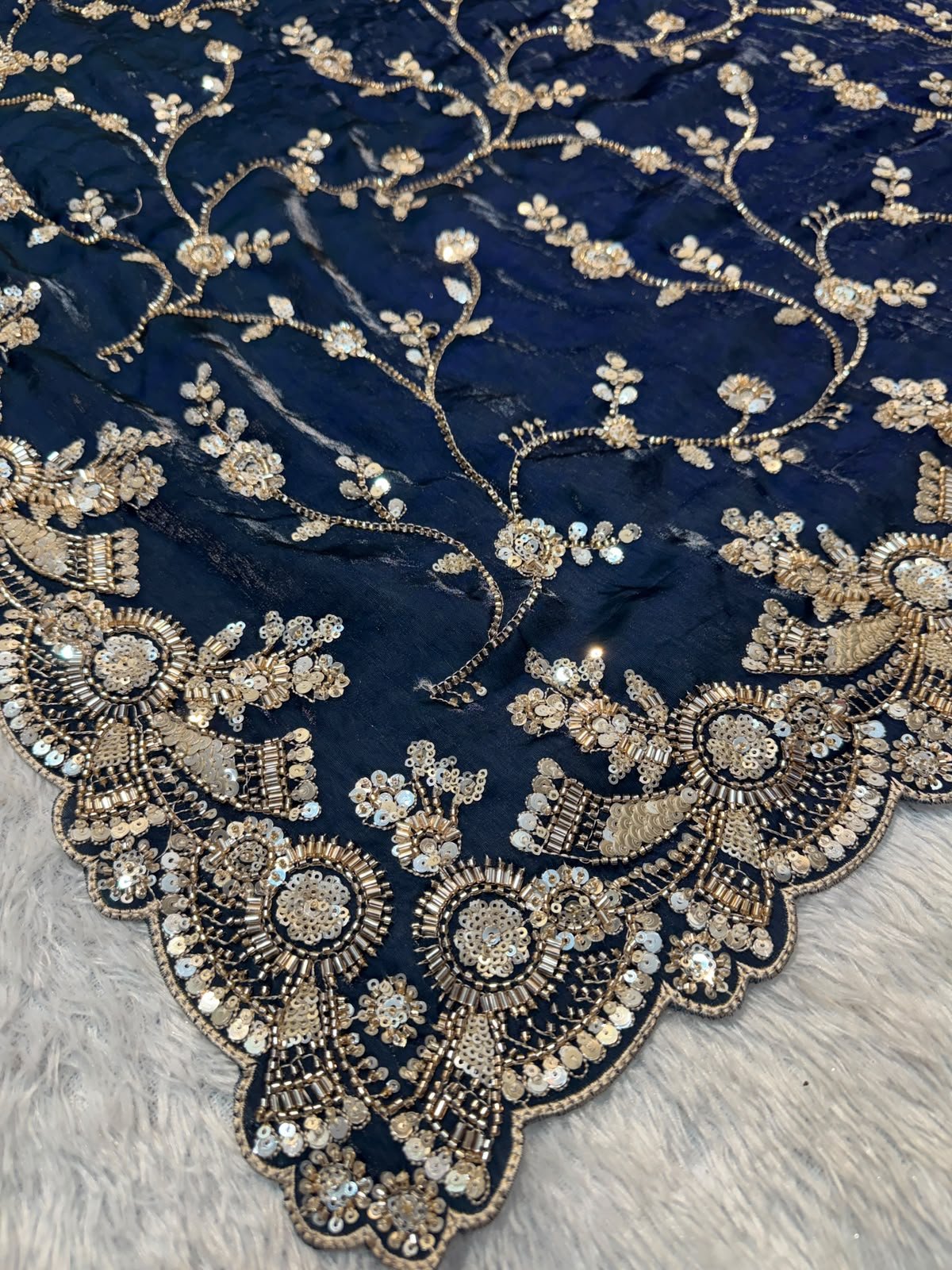 Ultra Luxury Navy Blue Pure Space Silk Saree with Heavy Gold Cutdana Beads Work, Sequins Embroidery Work (SC52111) - Image 3