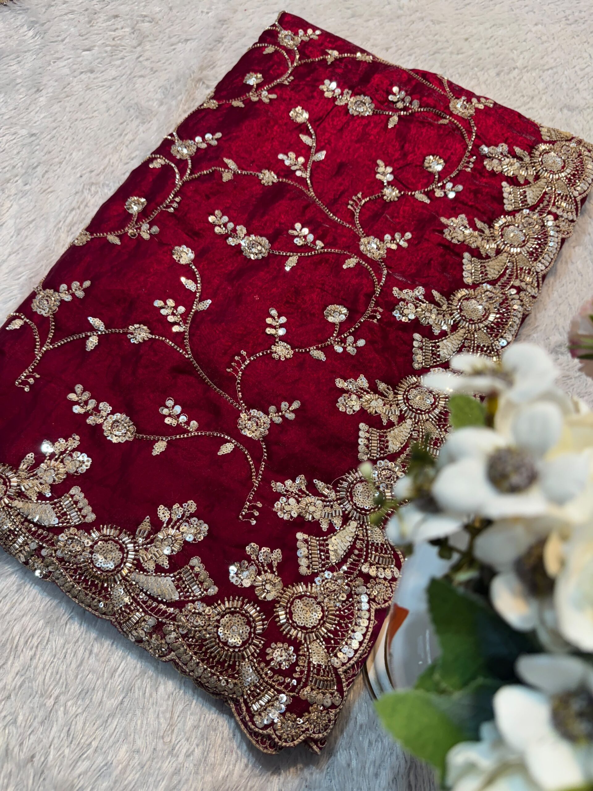 Ultra Luxury Red Pure Space Silk Saree with Heavy Gold Cutdana Beads Work, Sequins Embroidery Work (SC52116)
