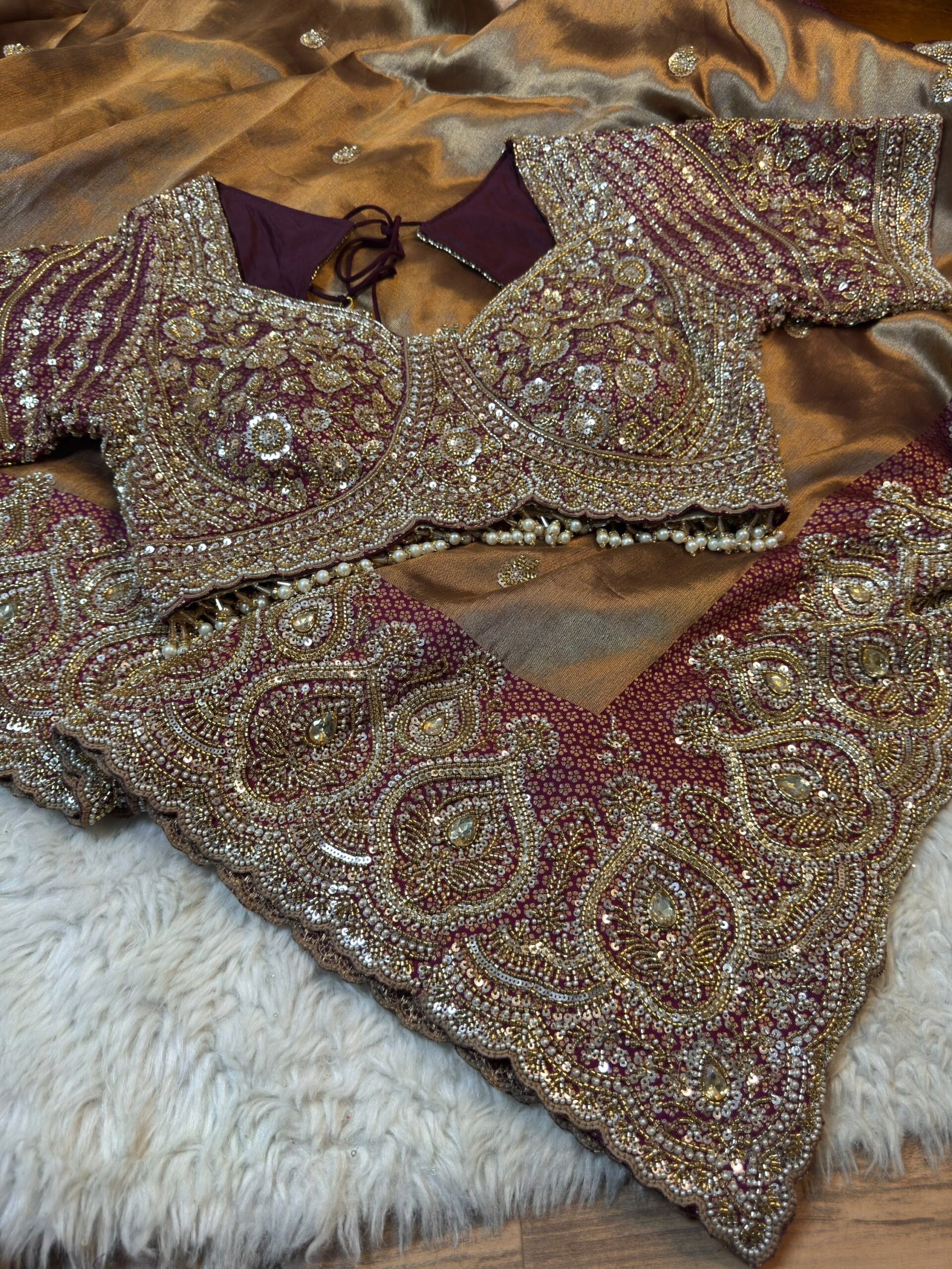 Luxury Designer Saree with Pearl, Sequins, Cutdana, Beads Embroidery Work Saree & Stone Work with Readymade Blouse - Copper Gold Plum (SC27112)