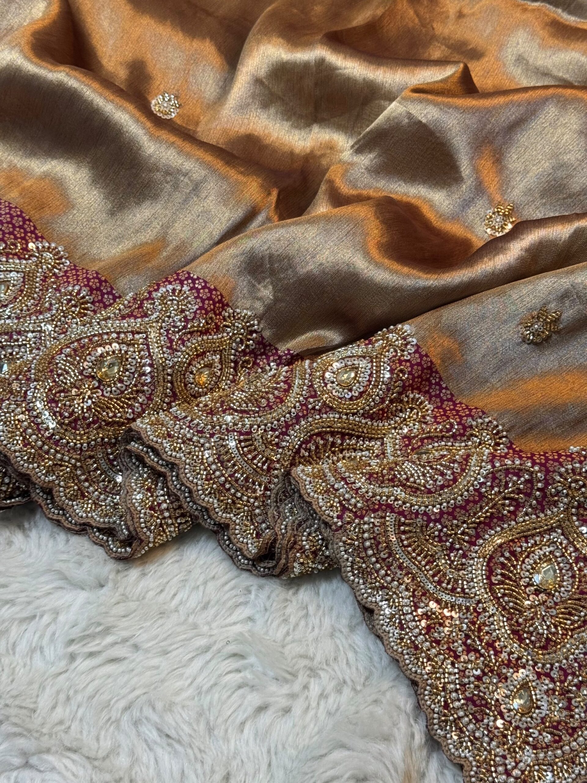 Luxury Designer Saree with Pearl, Sequins, Cutdana, Beads Embroidery Work Saree & Stone Work with Readymade Blouse - Copper Gold Plum (SC27112) - Image 2