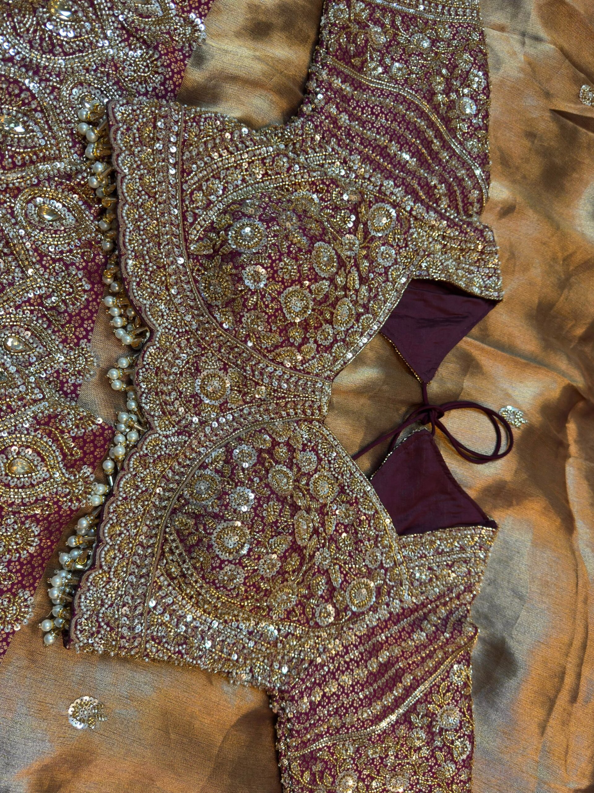 Luxury Designer Saree with Pearl, Sequins, Cutdana, Beads Embroidery Work Saree & Stone Work with Readymade Blouse - Copper Gold Plum (SC27112) - Image 3