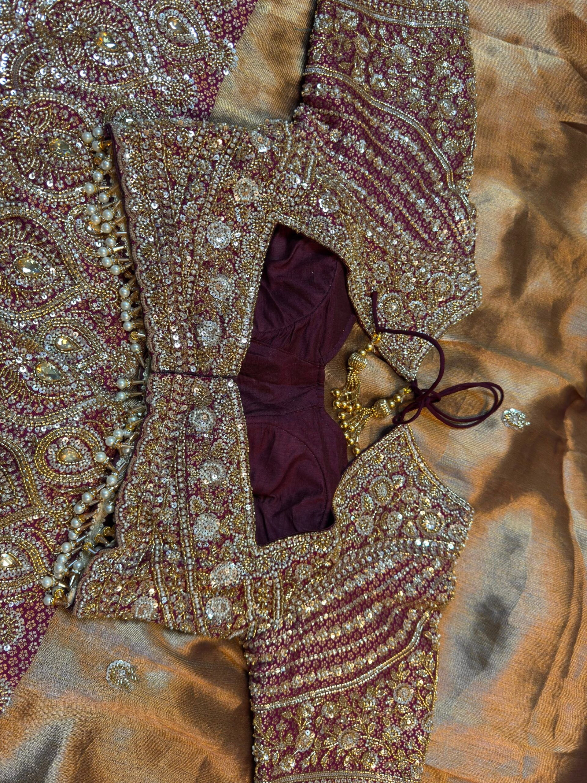 Luxury Designer Saree with Pearl, Sequins, Cutdana, Beads Embroidery Work Saree & Stone Work with Readymade Blouse - Copper Gold Plum (SC27112) - Image 4
