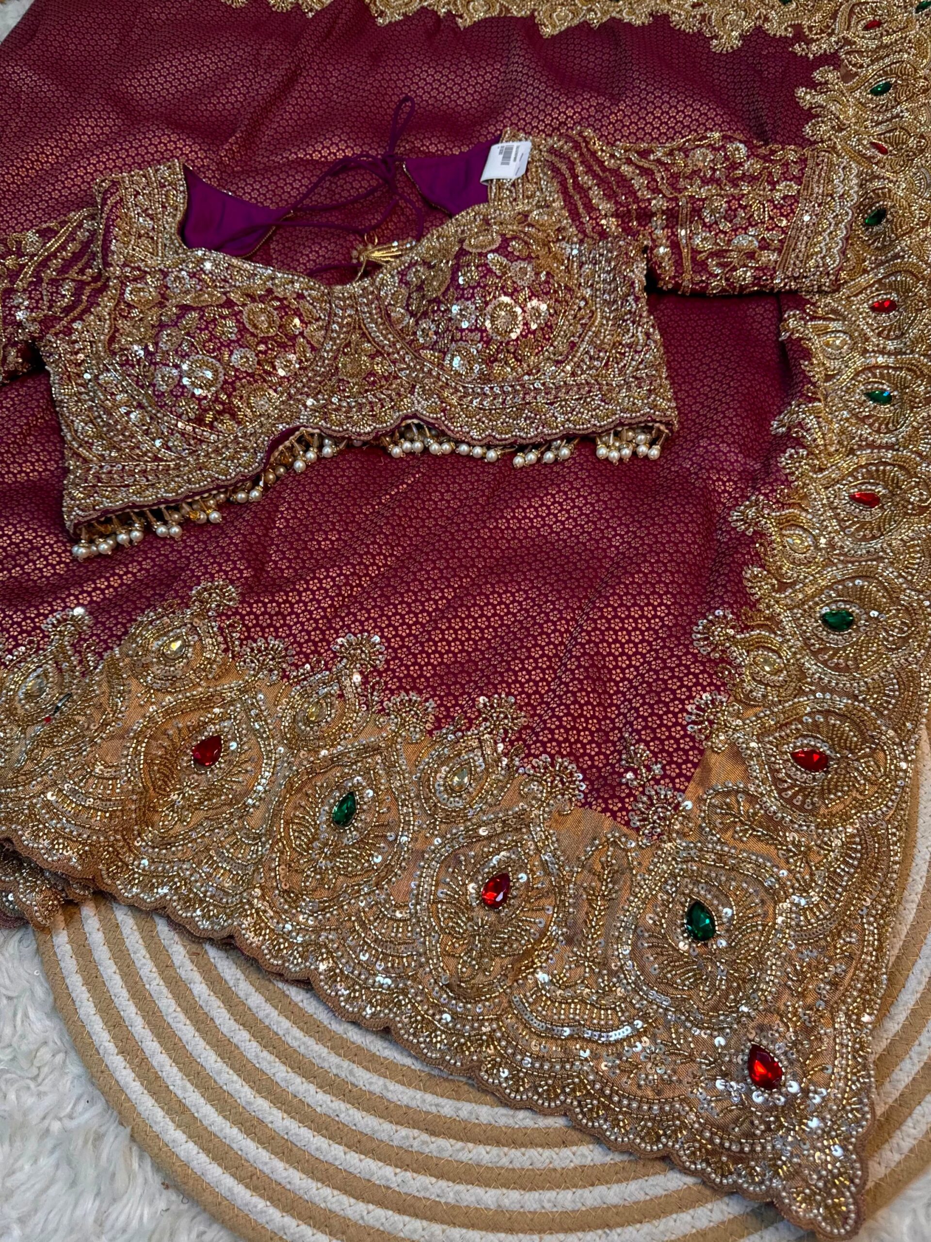 Luxury Designer Saree with Pearl, Sequins, Cutdana, Beads Embroidery Work Saree & Stone Work with Readymade Blouse - Garnet Wine (SC27115)