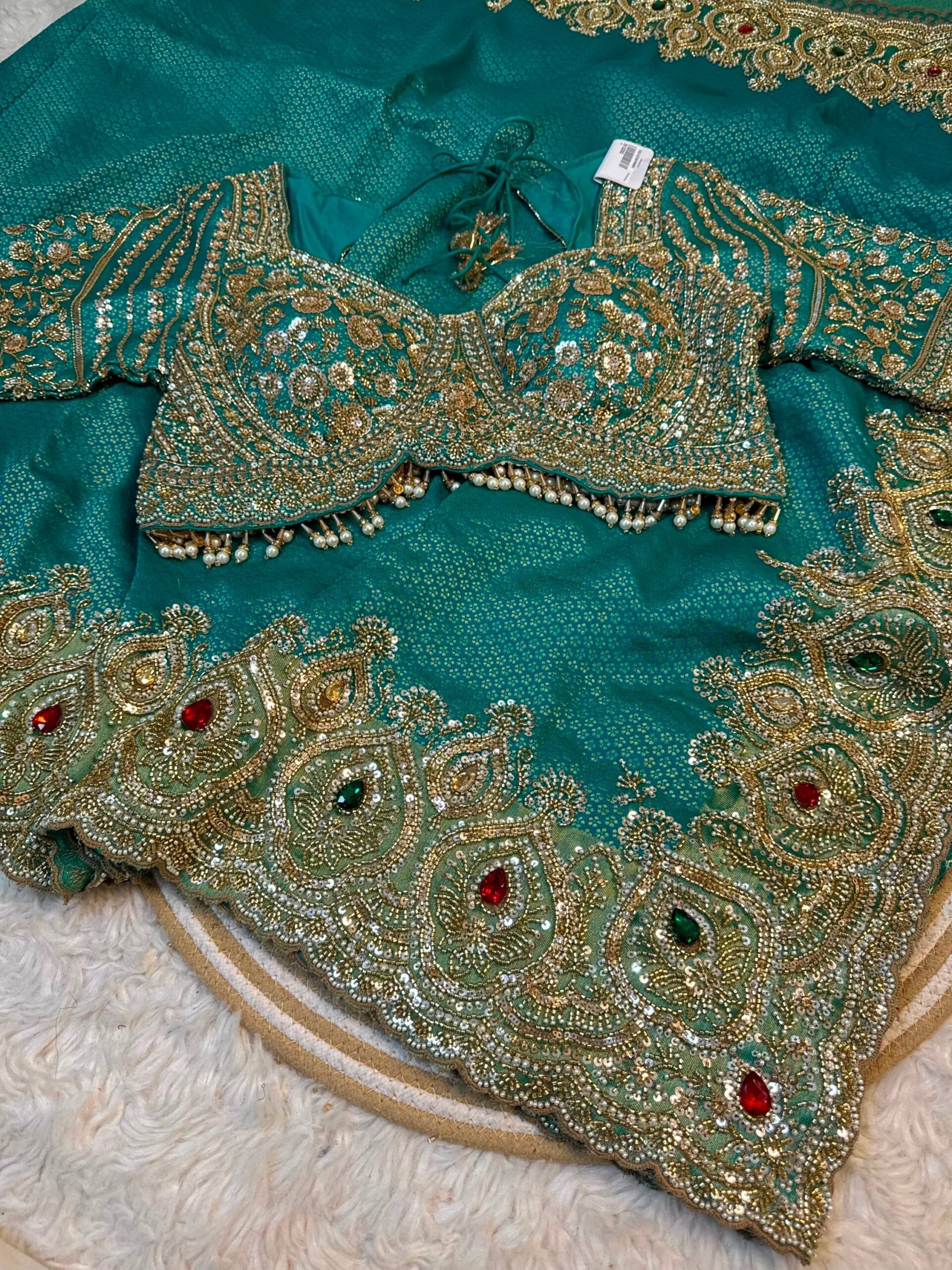 Luxury Designer Saree with Pearl, Sequins, Cutdana, Beads Embroidery Work Saree & Stone Work with Readymade Blouse - Peacock Blue (SC27116)