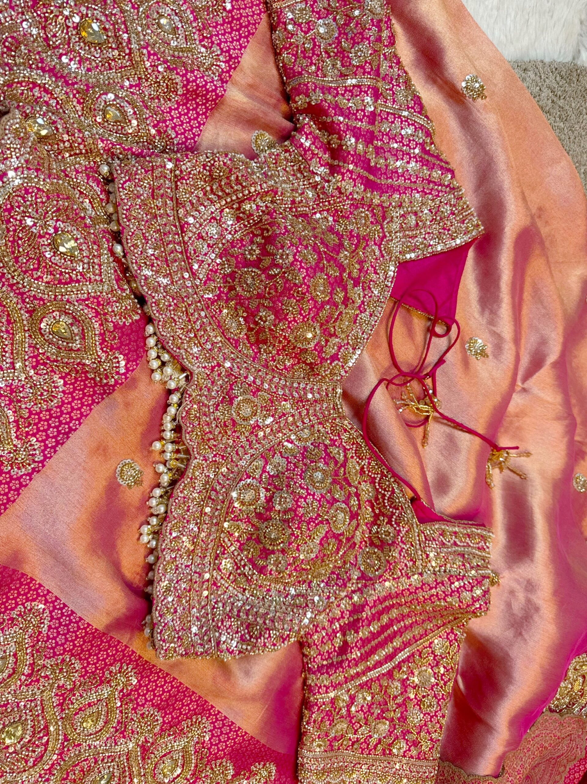 Luxury Designer Saree with Pearl, Sequins, Cutdana, Beads Embroidery Work Saree & Stone Work with Readymade Blouse - Coral Rose Pink (SC27114) - Image 2