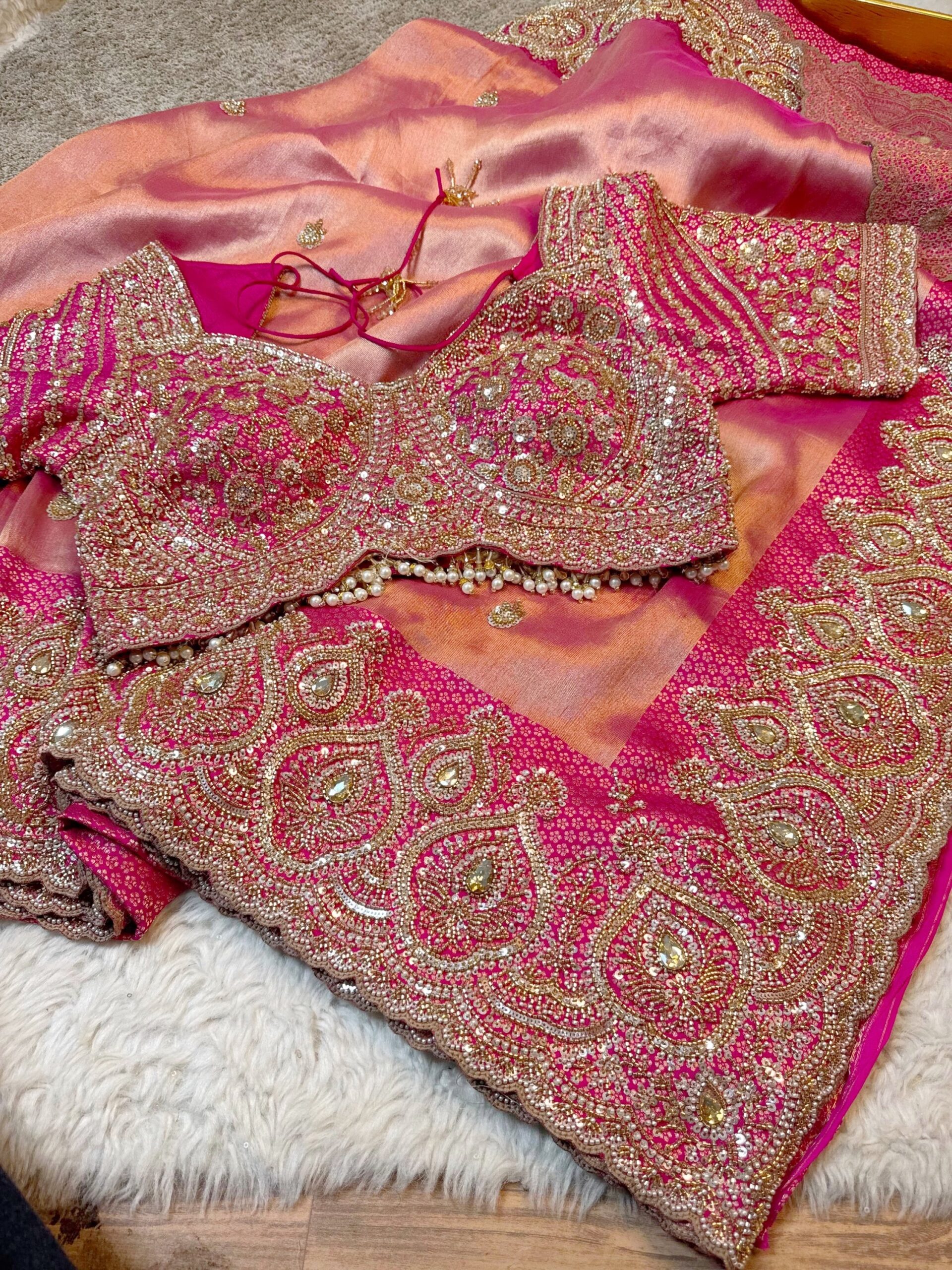 Luxury Designer Saree with Pearl, Sequins, Cutdana, Beads Embroidery Work Saree & Stone Work with Readymade Blouse - Coral Rose Pink (SC27114)