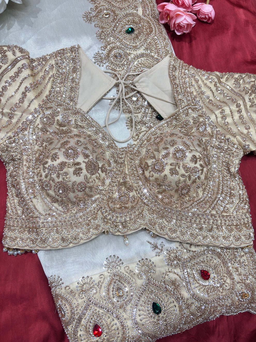 Luxury Designer Saree with Pearl, Sequins, Cutdana, Beads Embroidery Work Saree & Stone Work with Readymade Blouse - Ivory Gold (SC27118) - Image 5