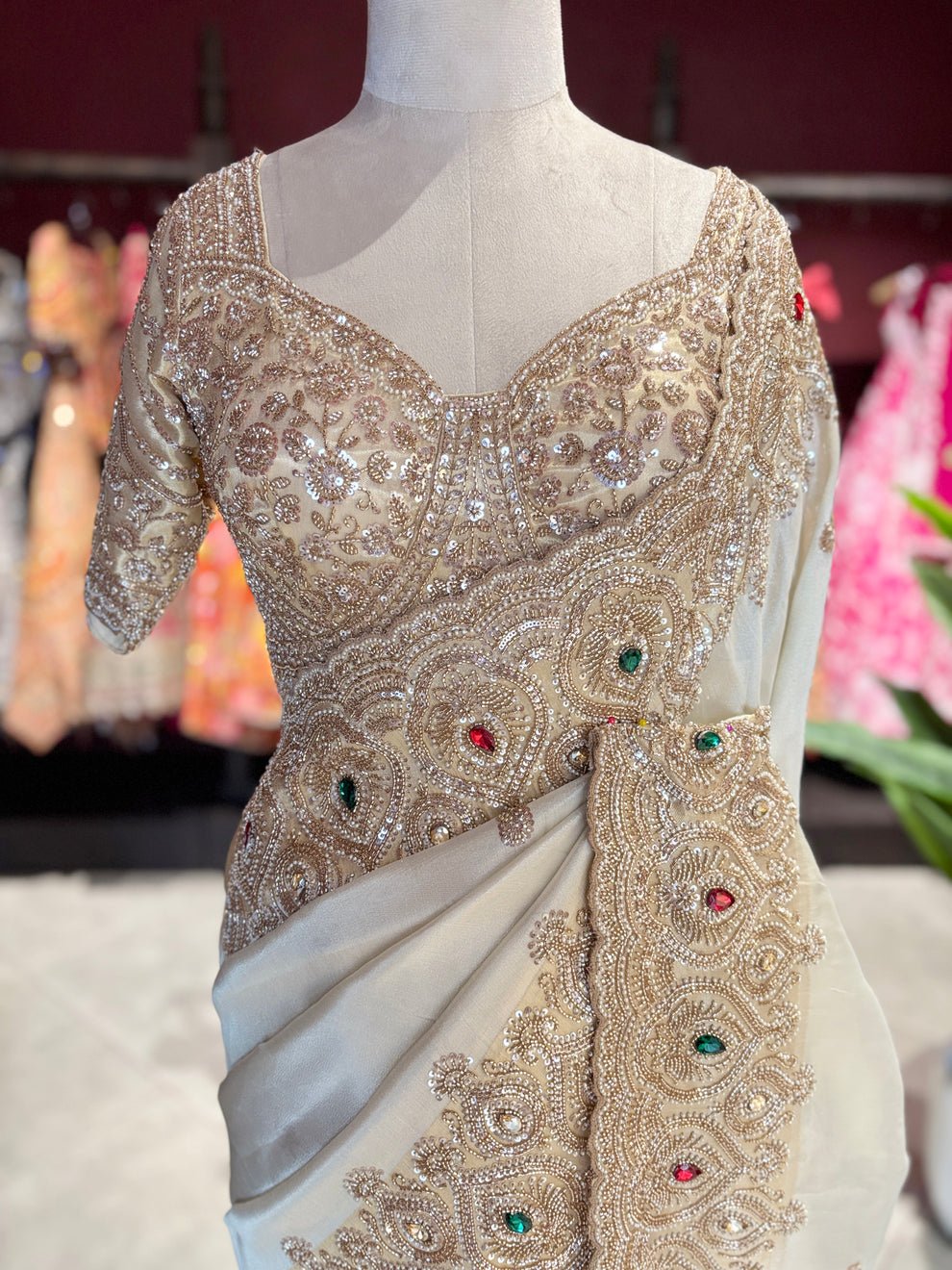 Luxury Designer Saree with Pearl, Sequins, Cutdana, Beads Embroidery Work Saree & Stone Work with Readymade Blouse - Ivory Gold (SC27118)