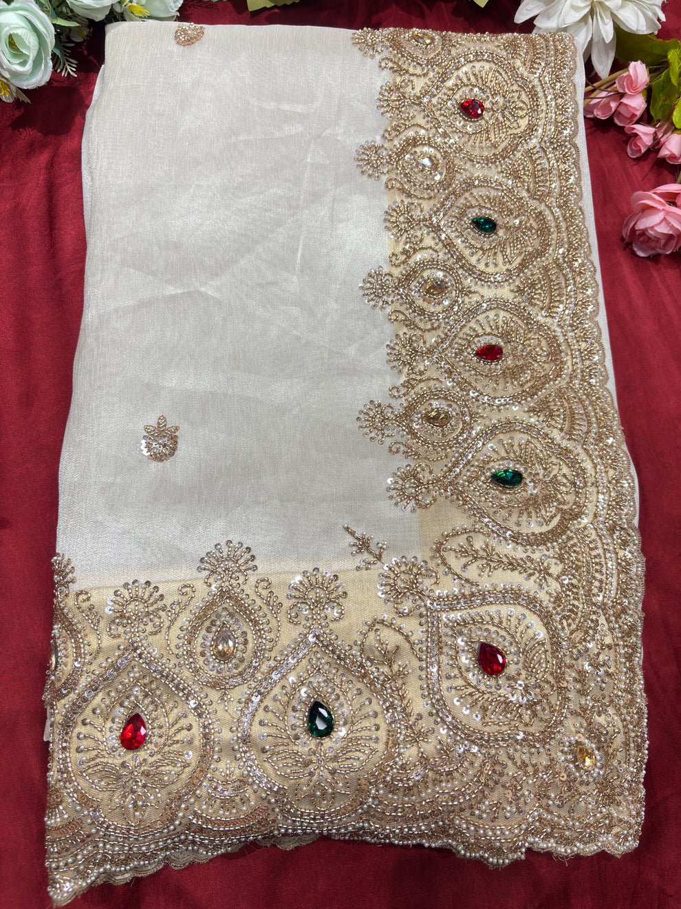Luxury Designer Saree with Pearl, Sequins, Cutdana, Beads Embroidery Work Saree & Stone Work with Readymade Blouse - Ivory Gold (SC27118) - Image 14