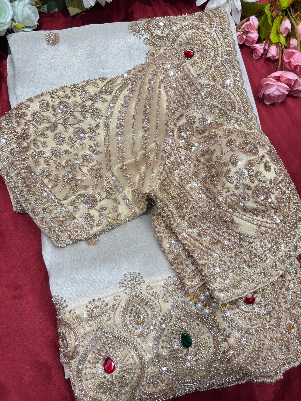 Luxury Designer Saree with Pearl, Sequins, Cutdana, Beads Embroidery Work Saree & Stone Work with Readymade Blouse - Ivory Gold (SC27118) - Image 13