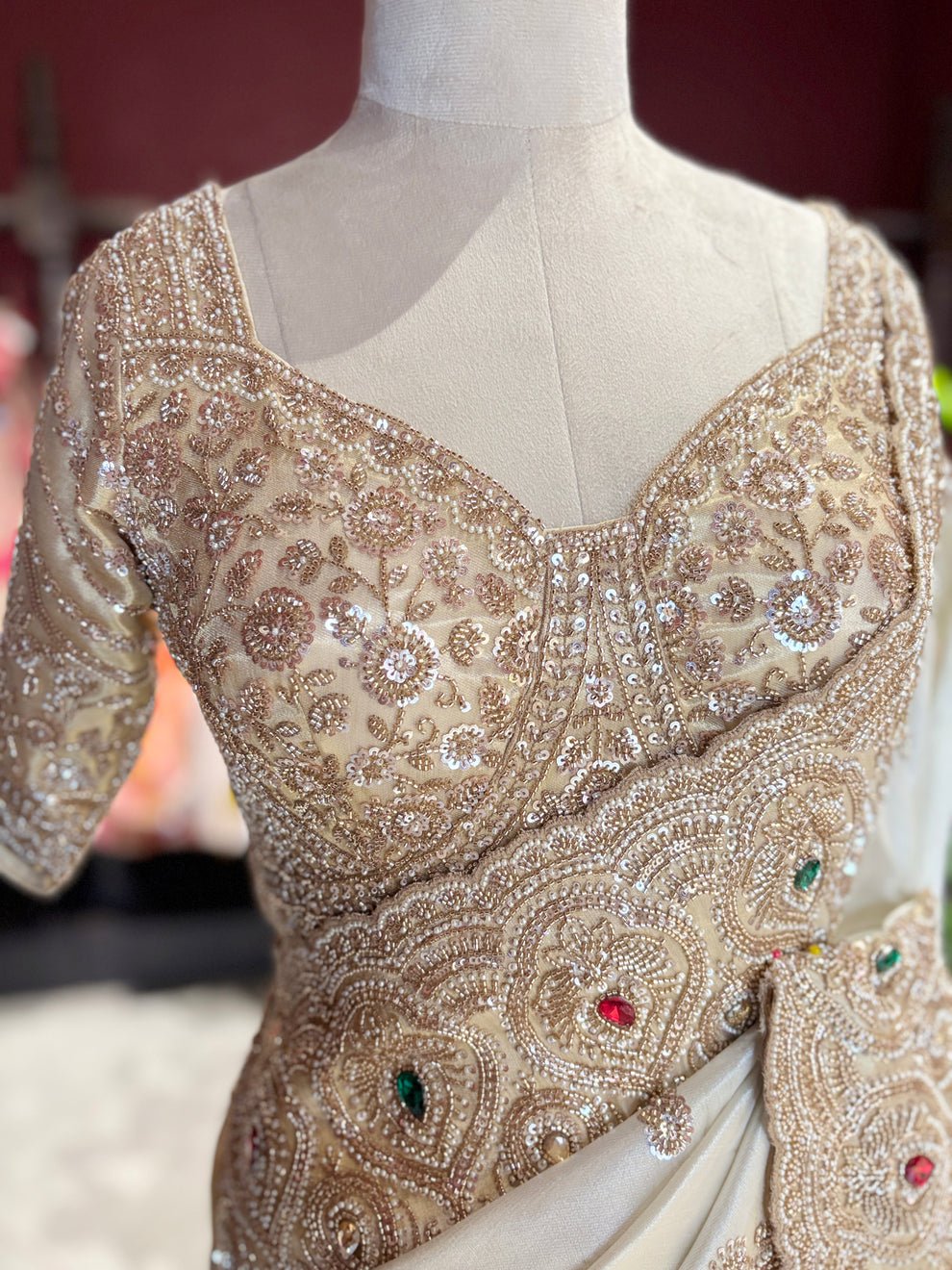 Luxury Designer Saree with Pearl, Sequins, Cutdana, Beads Embroidery Work Saree & Stone Work with Readymade Blouse - Ivory Gold (SC27118) - Image 3