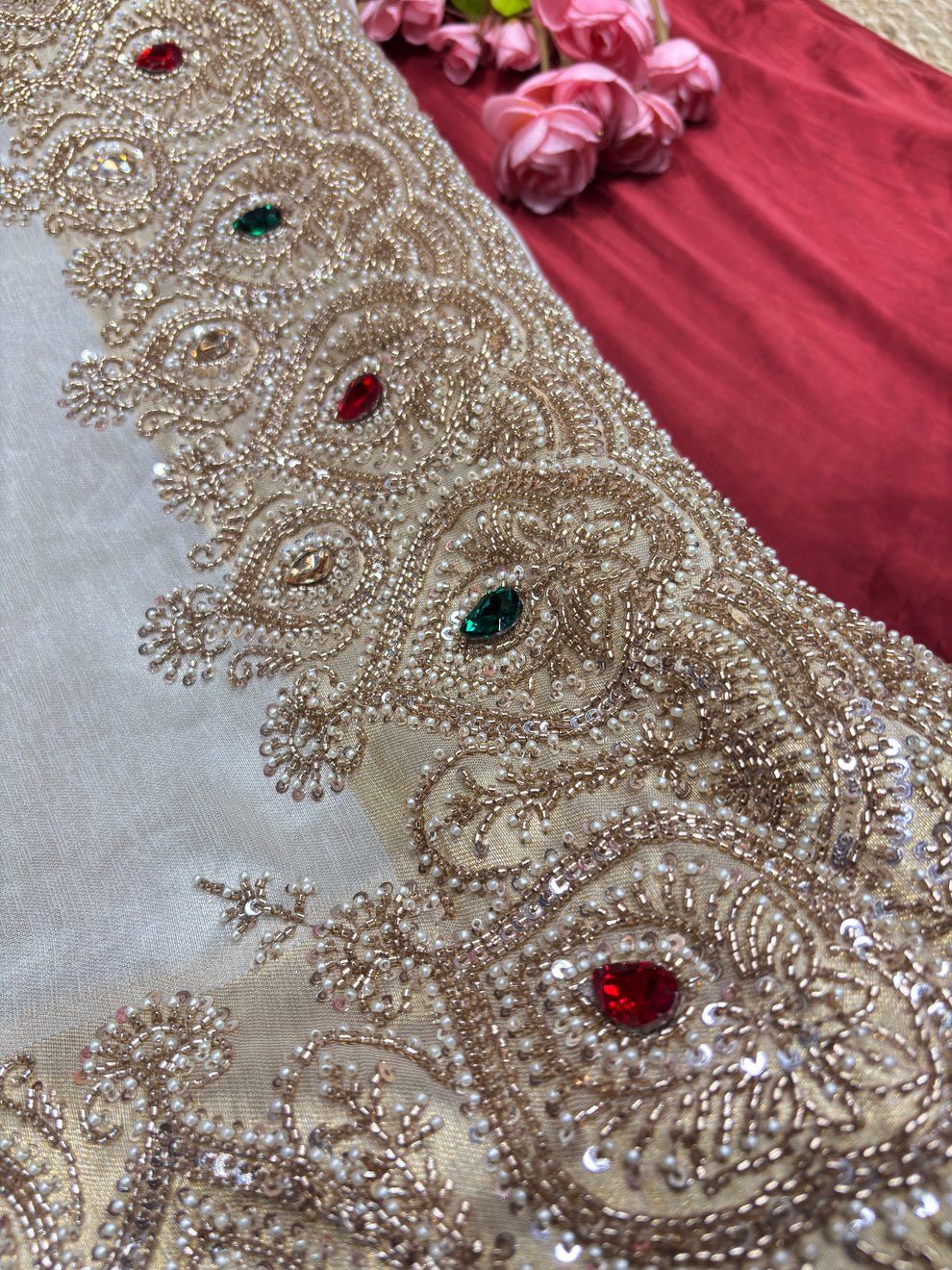 Luxury Designer Saree with Pearl, Sequins, Cutdana, Beads Embroidery Work Saree & Stone Work with Readymade Blouse - Ivory Gold (SC27118) - Image 12