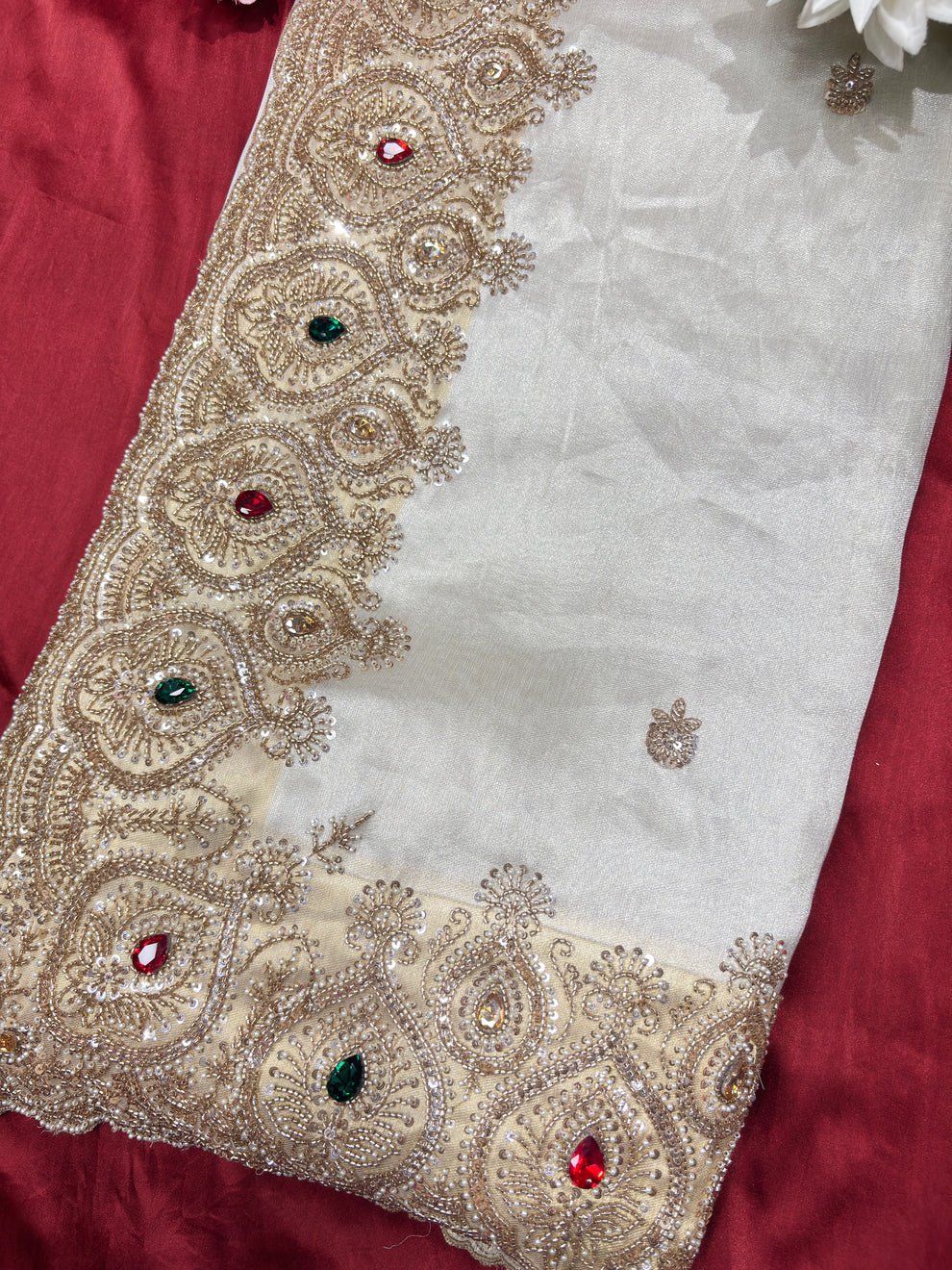 Luxury Designer Saree with Pearl, Sequins, Cutdana, Beads Embroidery Work Saree & Stone Work with Readymade Blouse - Ivory Gold (SC27118) - Image 11