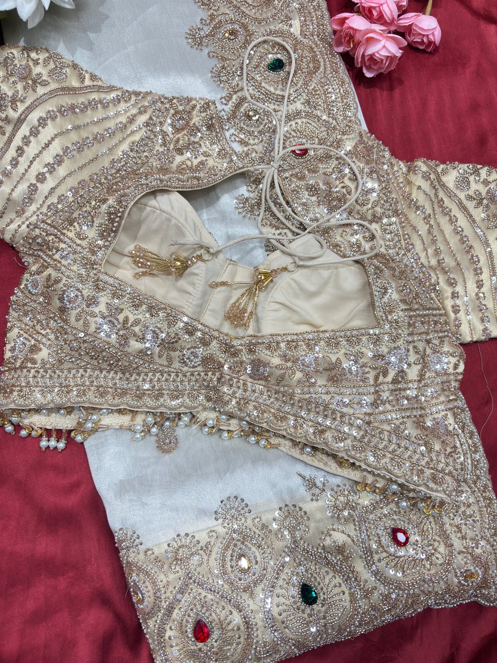 Luxury Designer Saree with Pearl, Sequins, Cutdana, Beads Embroidery Work Saree & Stone Work with Readymade Blouse - Ivory Gold (SC27118) - Image 9