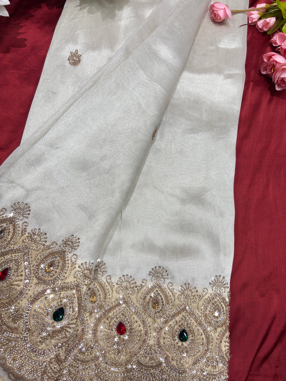 Luxury Designer Saree with Pearl, Sequins, Cutdana, Beads Embroidery Work Saree & Stone Work with Readymade Blouse - Ivory Gold (SC27118) - Image 10