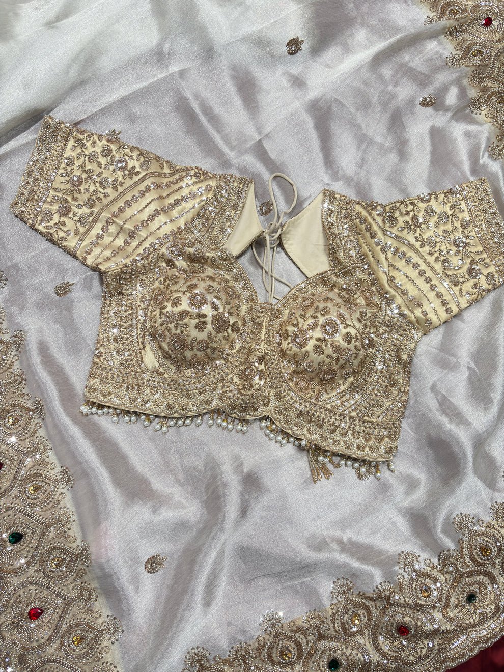 Luxury Designer Saree with Pearl, Sequins, Cutdana, Beads Embroidery Work Saree & Stone Work with Readymade Blouse - Ivory Gold (SC27118) - Image 8