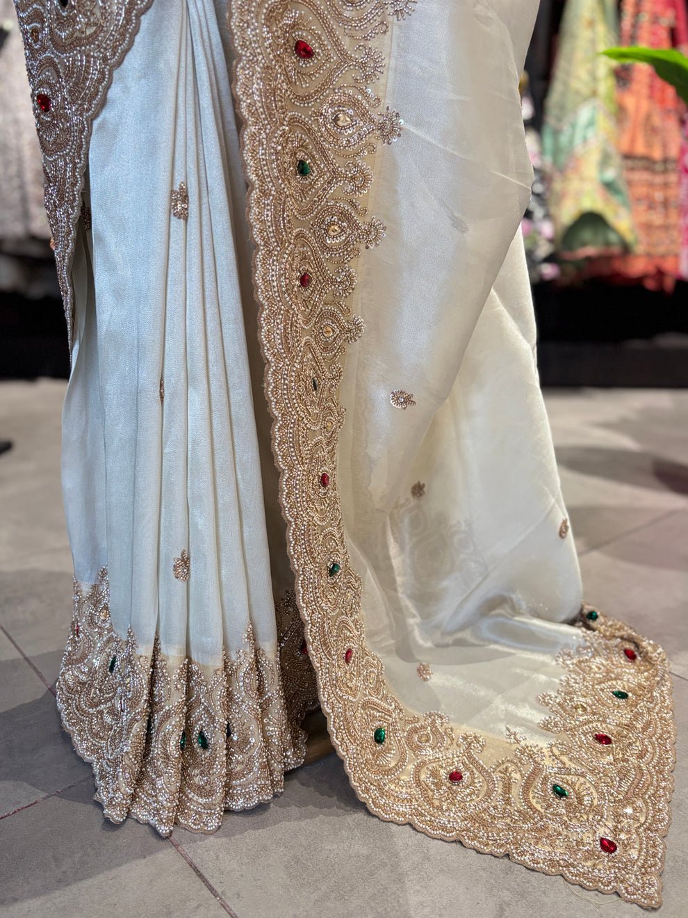 Luxury Designer Saree with Pearl, Sequins, Cutdana, Beads Embroidery Work Saree & Stone Work with Readymade Blouse - Ivory Gold (SC27118) - Image 4
